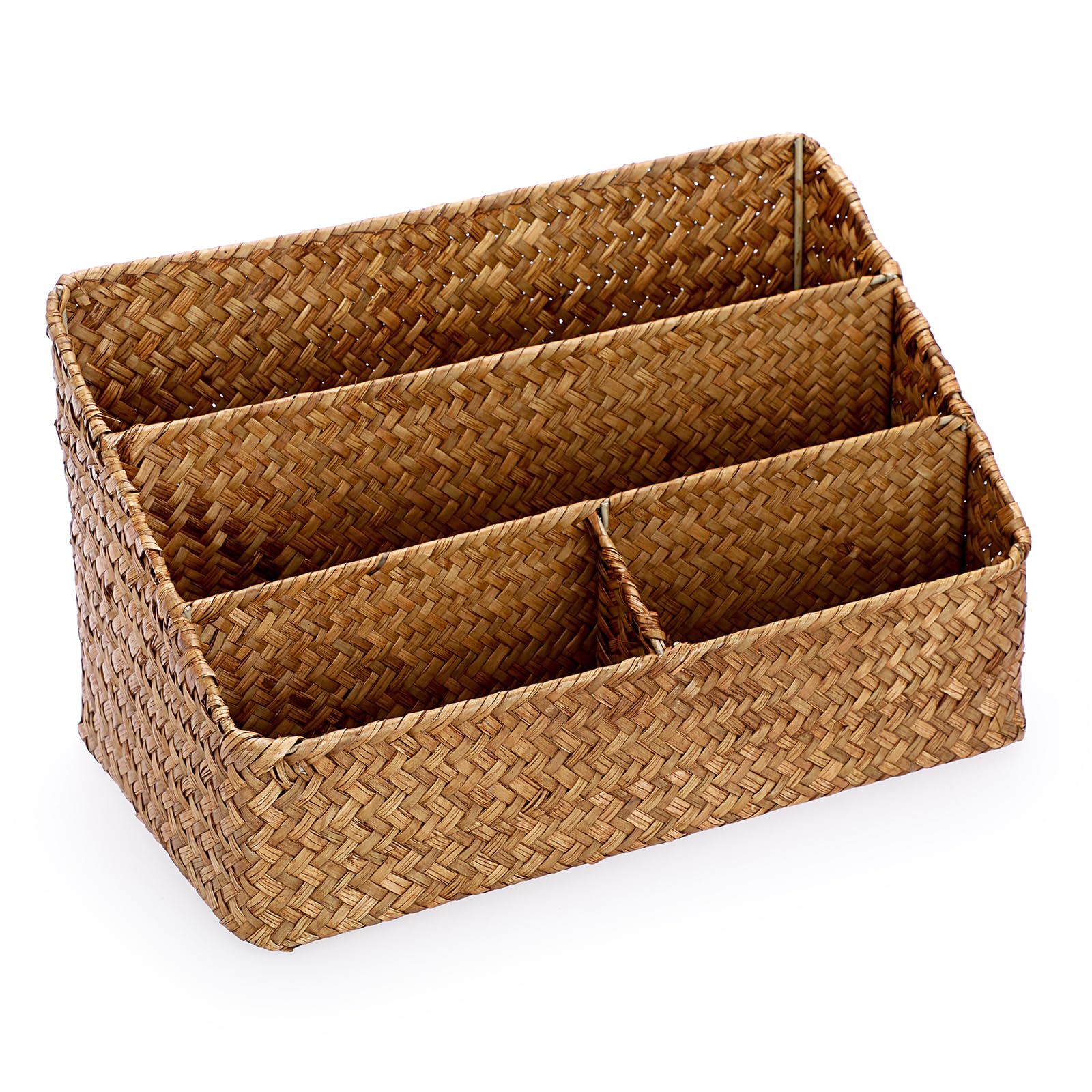 BSTKEY Natural Seagrass Desk Organizer Basket with 4 Compartments, Caramel