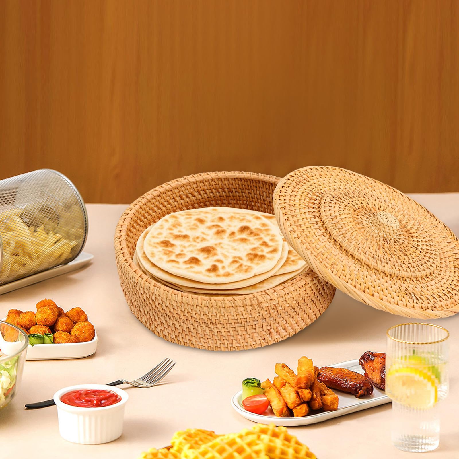 Tortilla Wärmer, Tortilla-Korb, Gewebtes Aufbewahrungsbox mit Deckel, Rattan-Tortilla-Halter für Pfannkuchen, Taco-Brot, Schreibtisch-Organizer (26 x 9 cm)