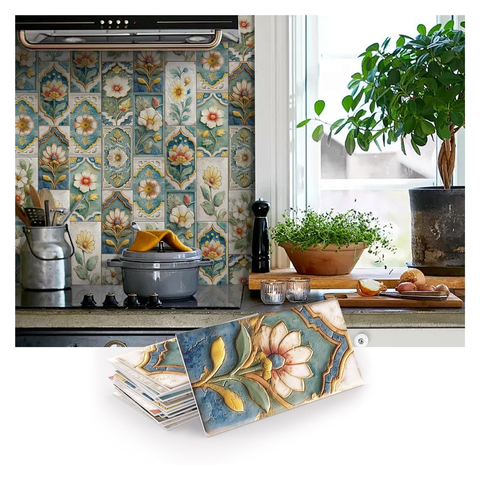 Juego de dijes, pegatinas de pared de azulejos de flores en relieve, autoadhesivo, impermeable, papel tapiz grueso for mascotas, cocina y baño(SJM325,4 * 8inch*64pieces)