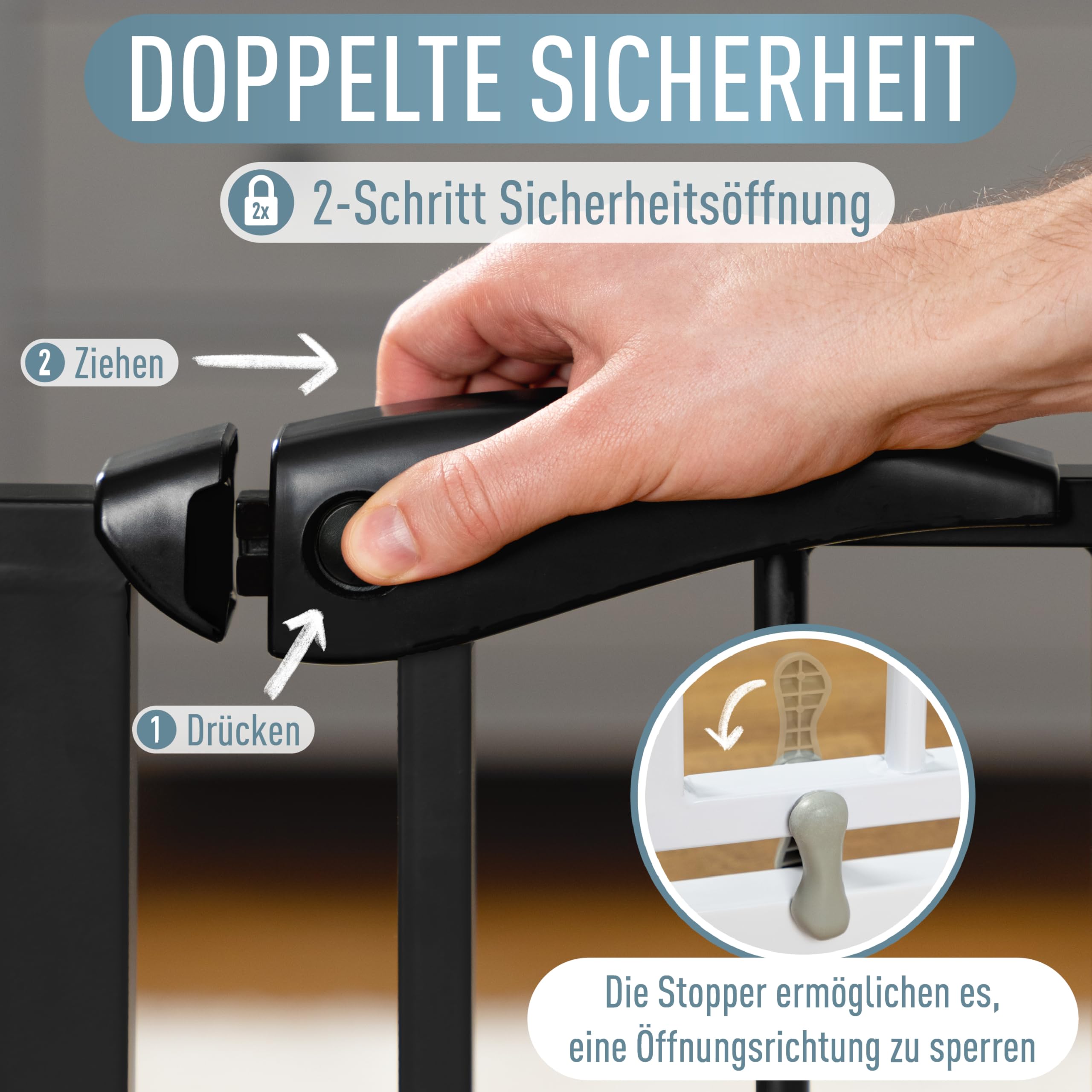 Treppenschutzgitter Berrin - Türschutzgitter für Babys, Ohne Bohren, Schwarz, Breite: 58-66 cm