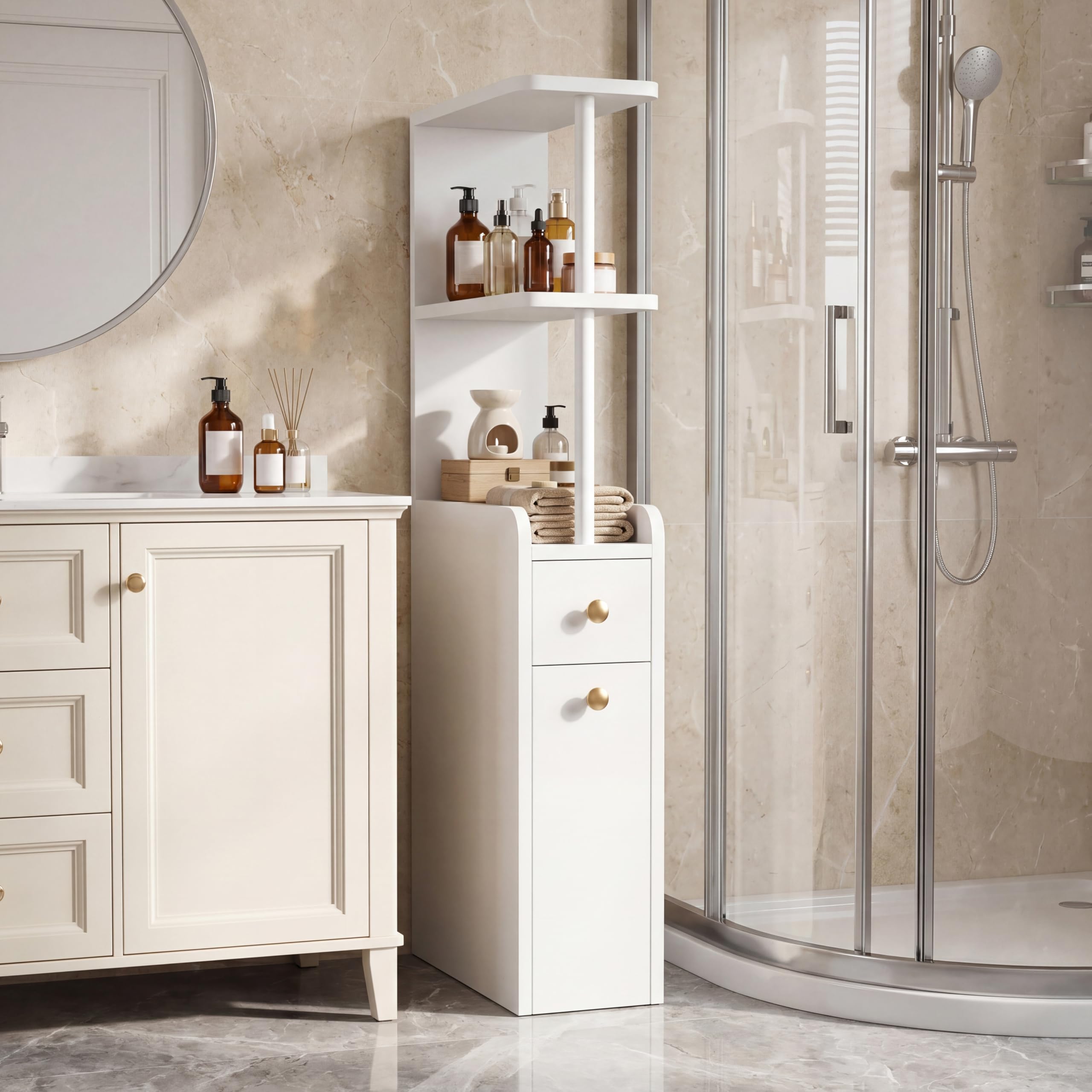 APICIZON Badschrank Schmal, Nischenschrank Badezimmer mit Schublade auf Rollen, 19x45x113 cm Badezimmerschrank mit Offenen Ablagen, Toilettenschrank für WC, Seitenschrank Mehrzweckschrank, Weiß
