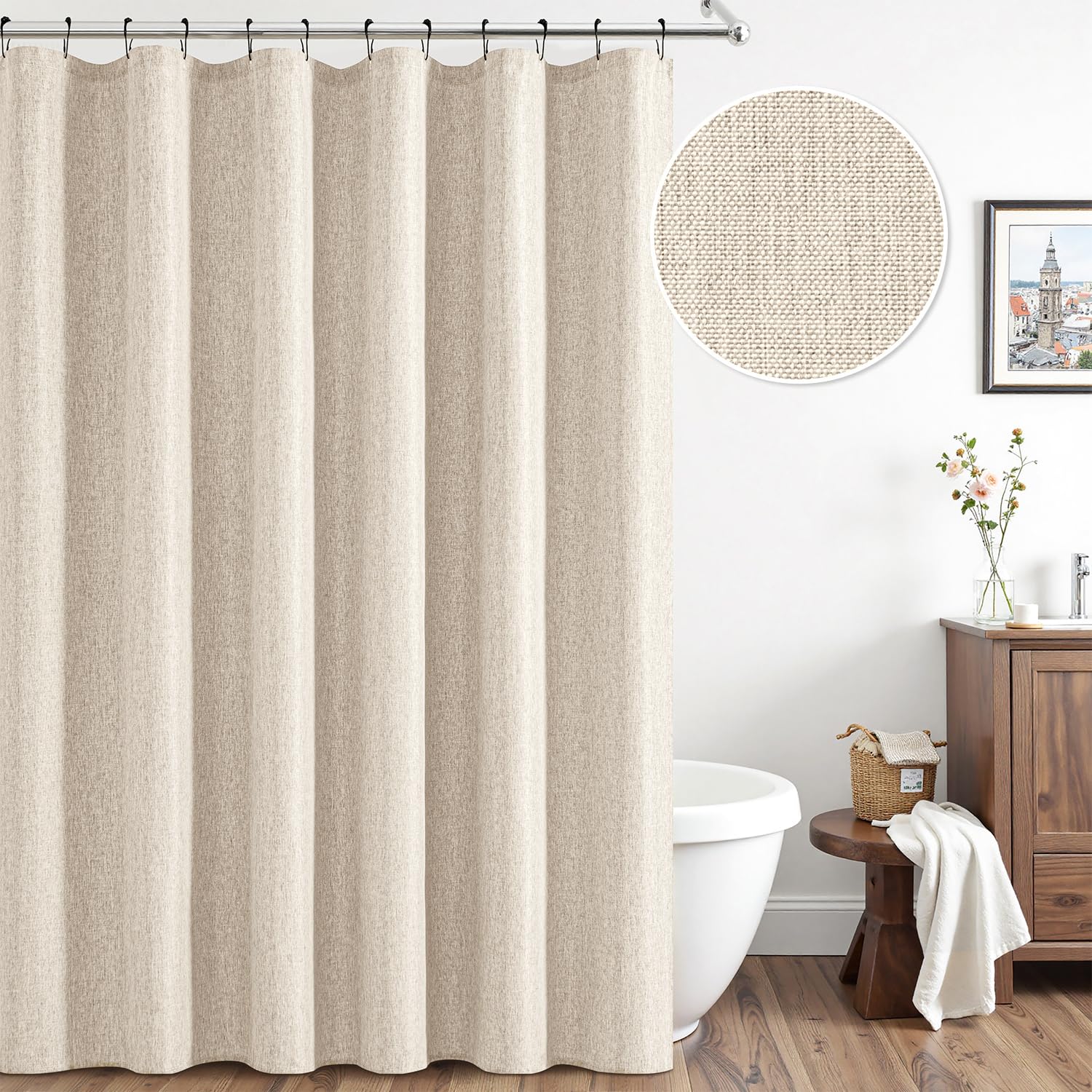 ANRODUO Boho Farmhouse Cream Polyester Textured Fabric Shower Curtain Set - 72
