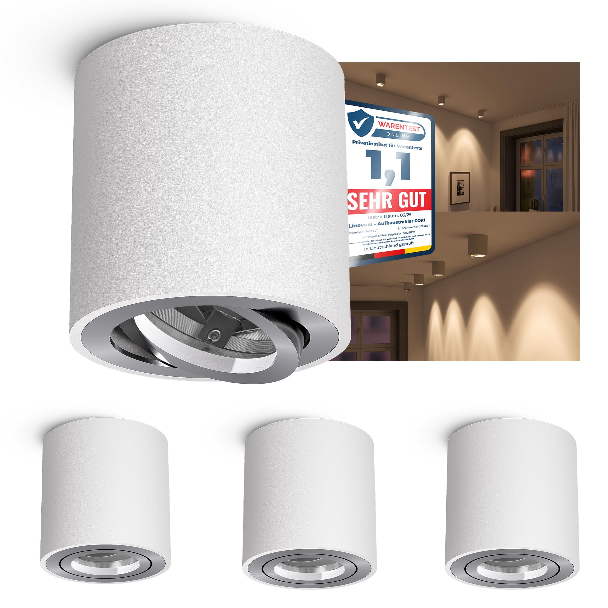 linovum 4 Stück CORI schwenkbare Aufbaustrahler weiß & silber im Set - runder Deckenstrahler geeignet für GU10 & LED Module