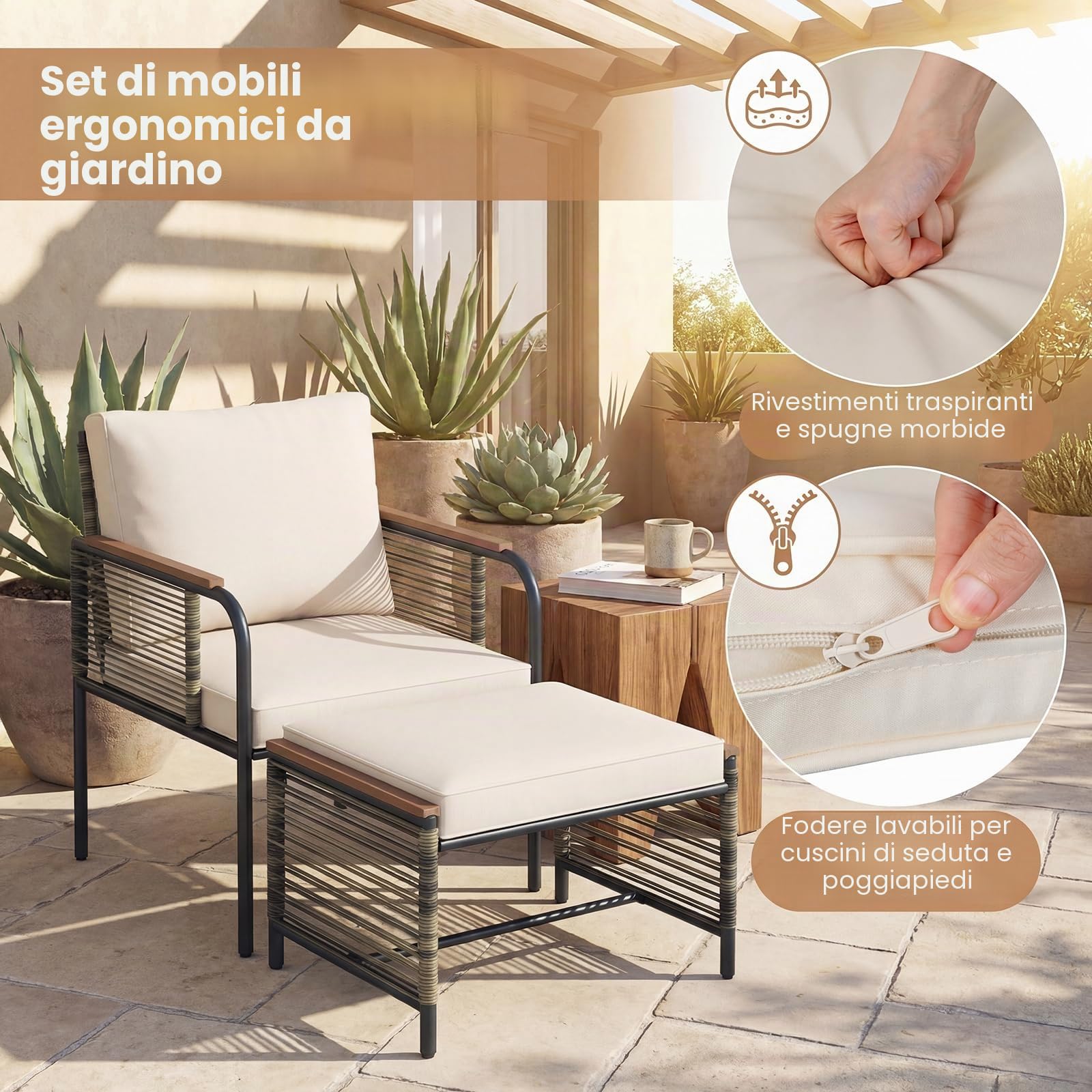 LIFEZEAL Set di Mobili da Giardino in Rattan 5 Pezzi, Arredamento per Balcone con Cuscino e Tavolino, Set di Sedute con Poltrone, Pouf, per Terrazza, Balcone, Giardino (Beige, 5 Pezzi)