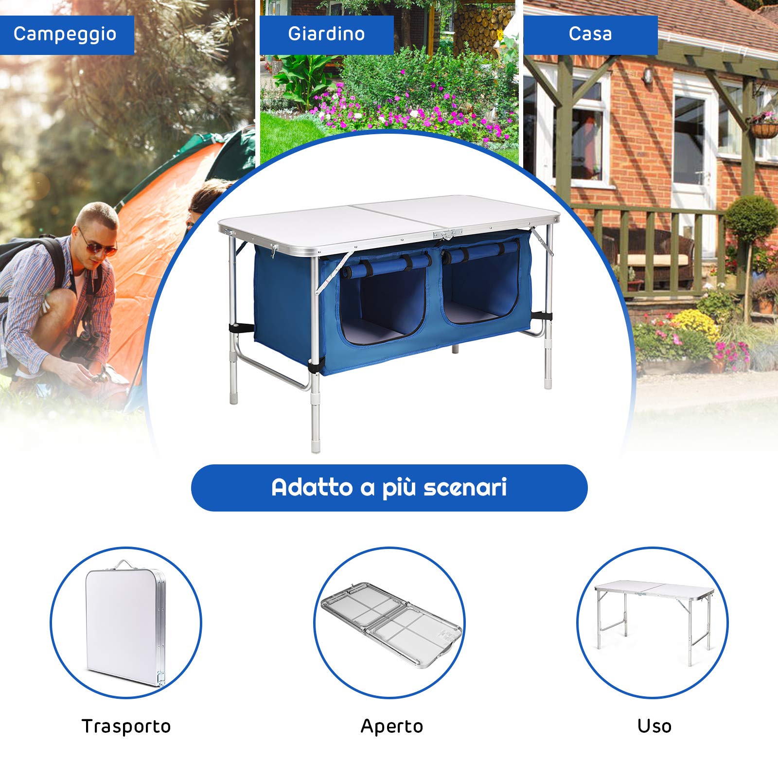 KOMFOTTEU Aluminiowy składany stół kempingowy regulowana wysokość 53,5/71 cm | Stół piknikowy z szafkami 120 l, 120 x 61 cm, na grill, imprezę, na zewnątrz