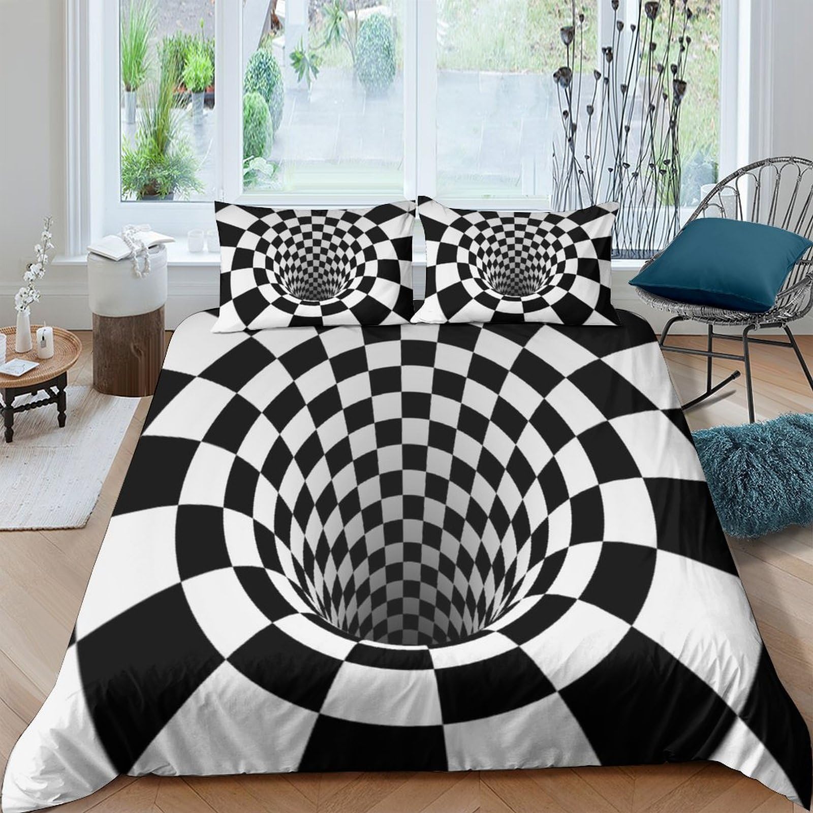 Housse de couette luxueuse motif noir et blanc effet 3D géométrique