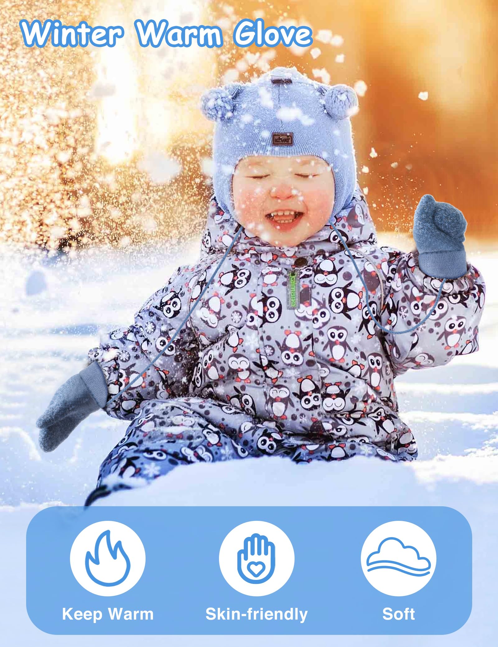Becellen Guantes Invierno Niños Manoplas Guantes Termicos de Punto con Forro Polar Cuerda Cuello para Bebé Niños Niñas 0-3 Años