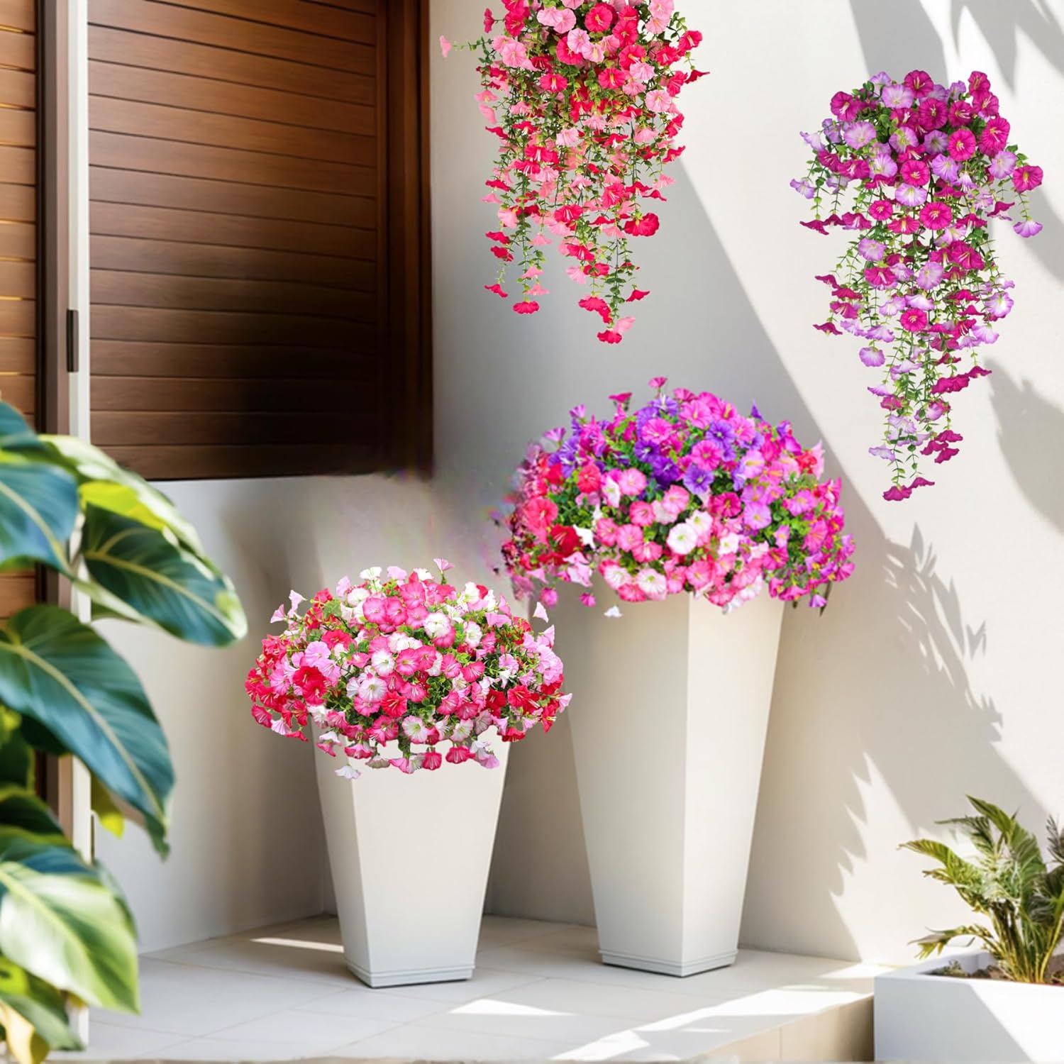 7 Color Mix Artificial Hanging Flowers for outdoor, 8 Pcs Fake Silk Petunias Plants Arrangement, for Spring Summer Outdoor Decoration, UV Resistant, Morning Glorias,for Home Garden Decor (PinkPurple)