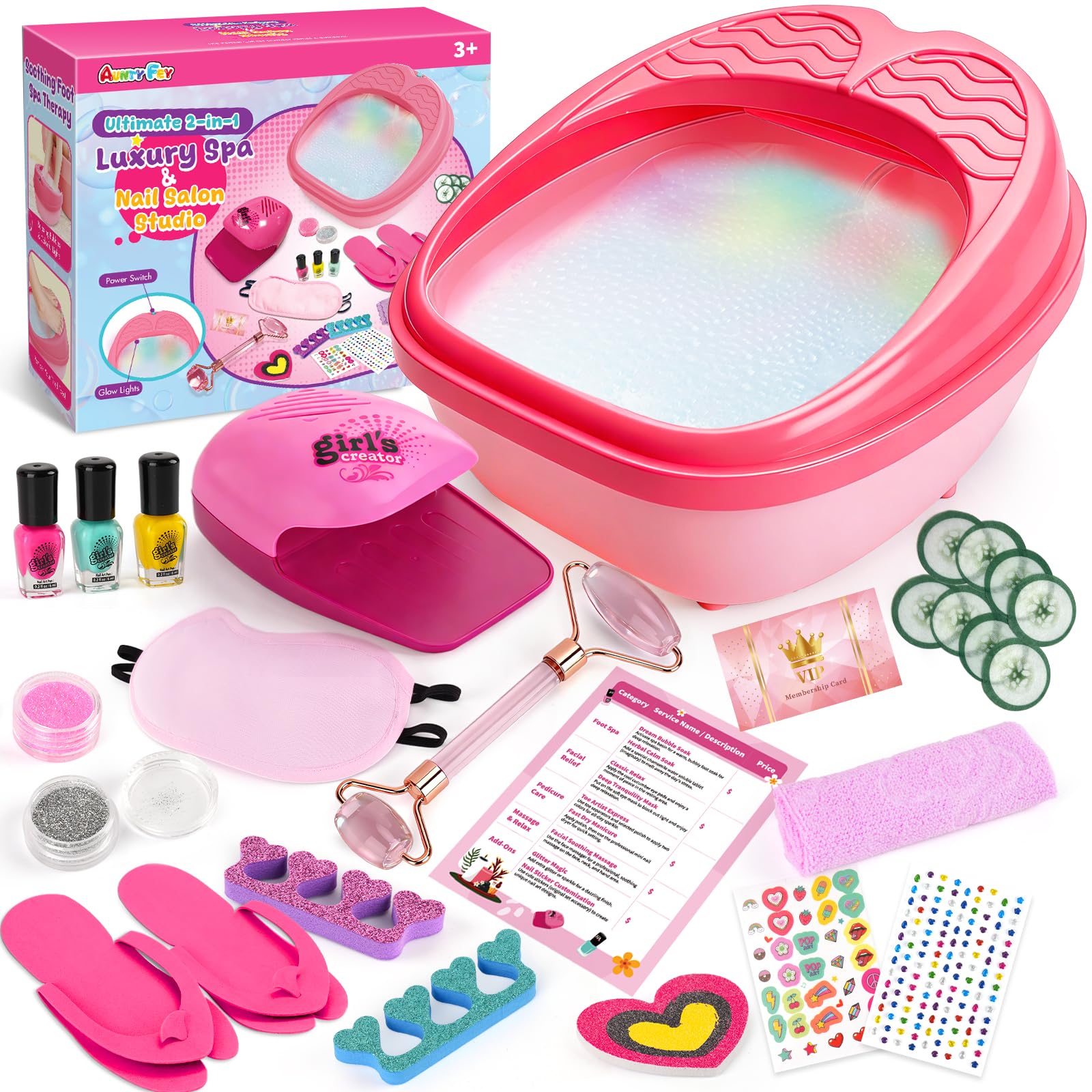 AuntyFey Spa Day Kit, Foot Spa Kit with Rainbow Light Massage Foot Soak Tub