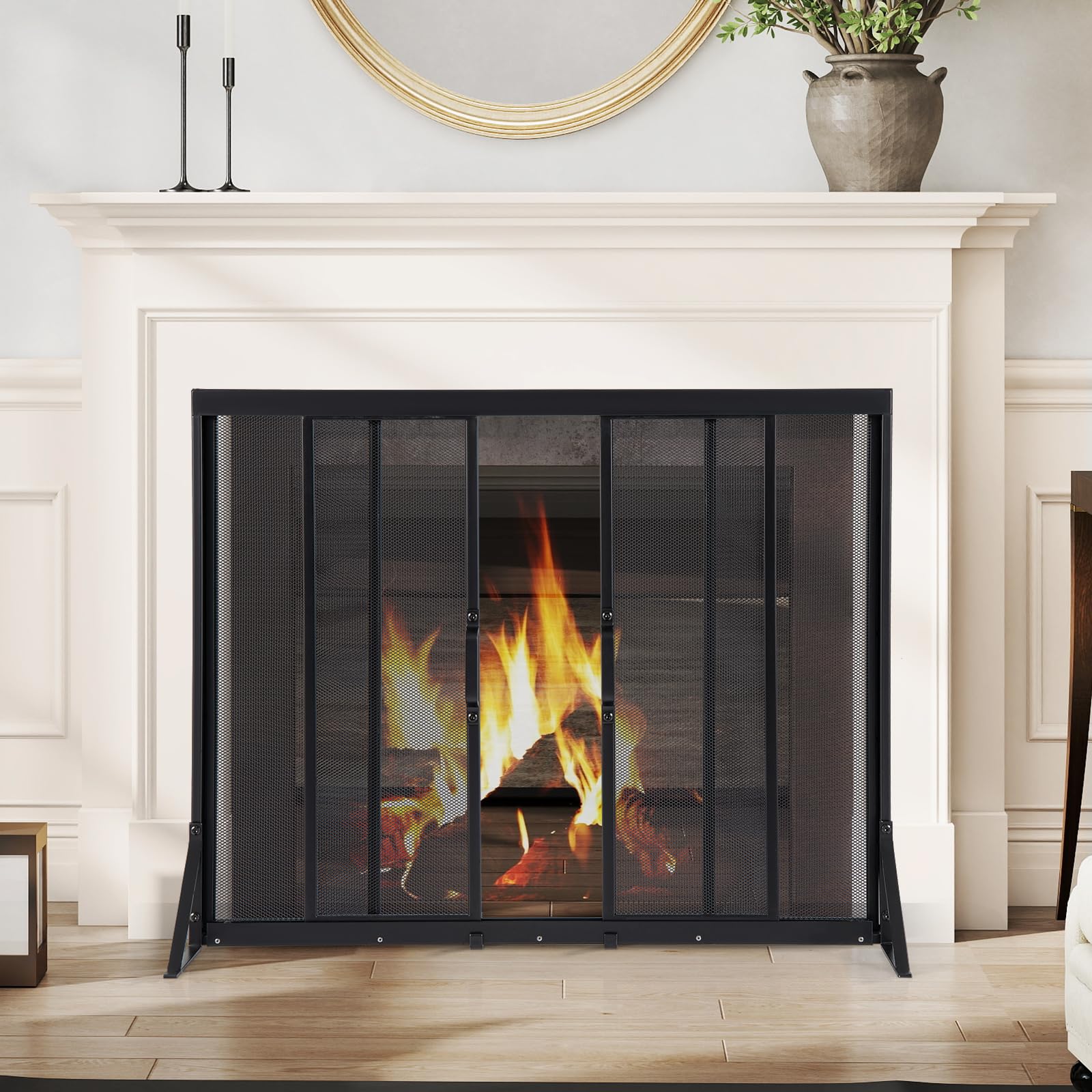 GIANTEX Écran de Cheminée avec Portes Coulissantes en Métal, Pare-feu Protection pour Isolation des Étincelles et Cendres, Pare-étincelles Cheminée avec Support Triangulaire, Noir (89 x 72 cm)