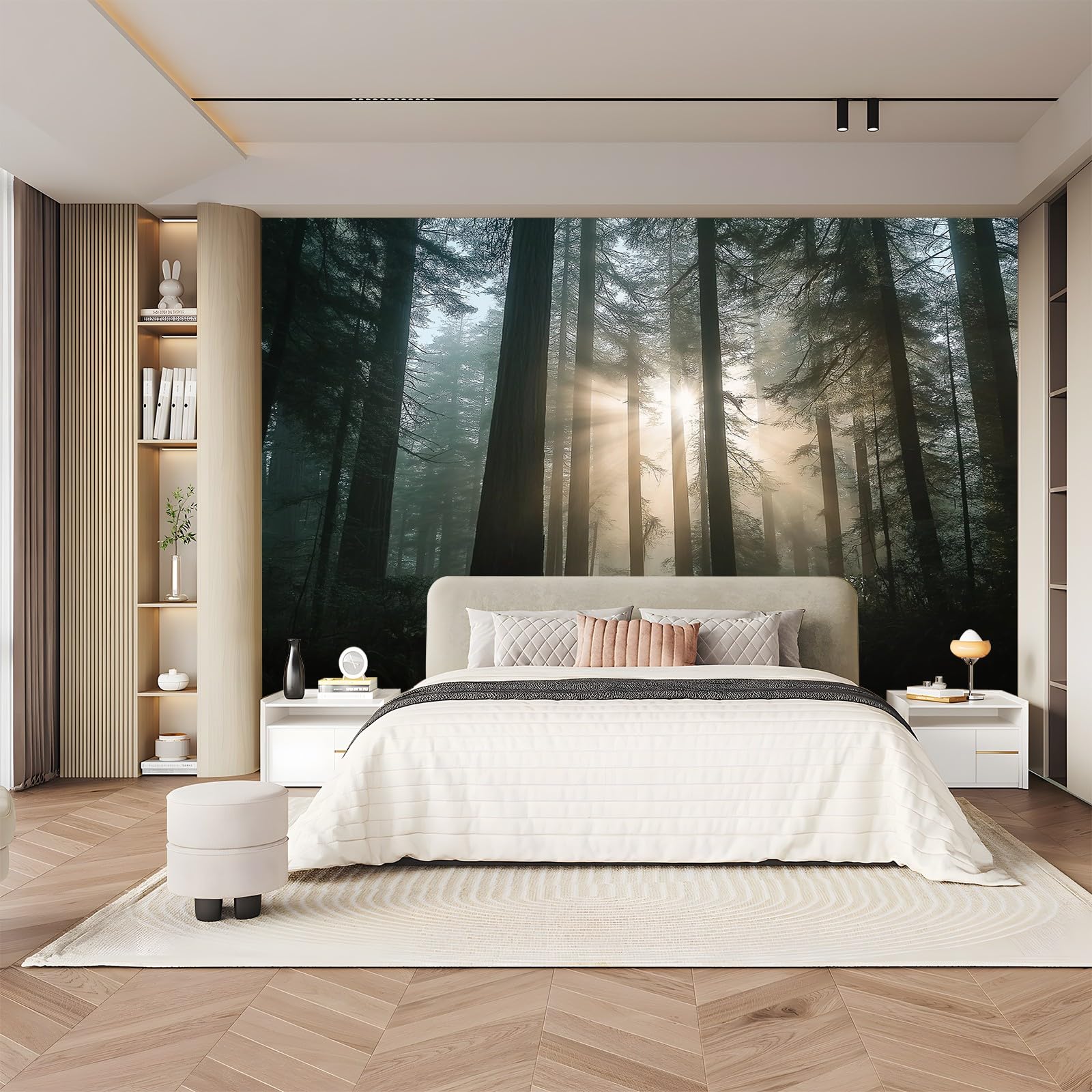 Tapeta ścienna dekoracja domu tajemniczy i zamglony las pod słońcem styl motyw czarno-złota tapeta ścienna do sypialni salon dom biuro 400 x 280 cm
