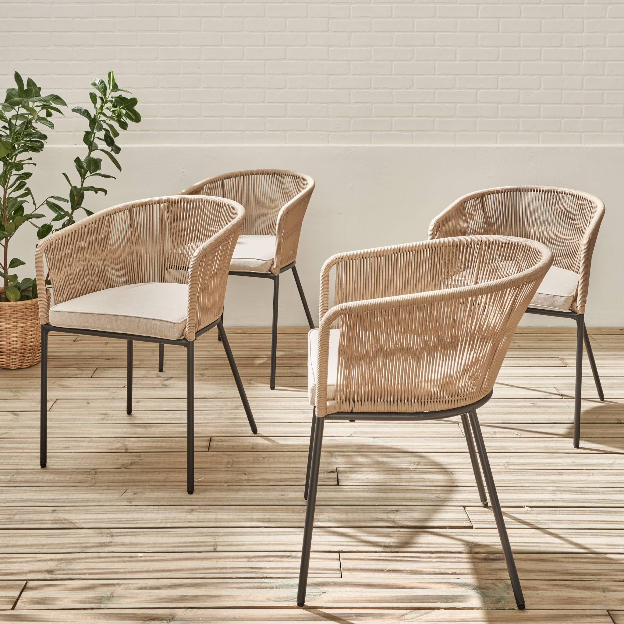 Alice's Garden - Lot de 4 fauteuils de Jardin en Corde Beige et Acier galvanisé. Coussin Beige