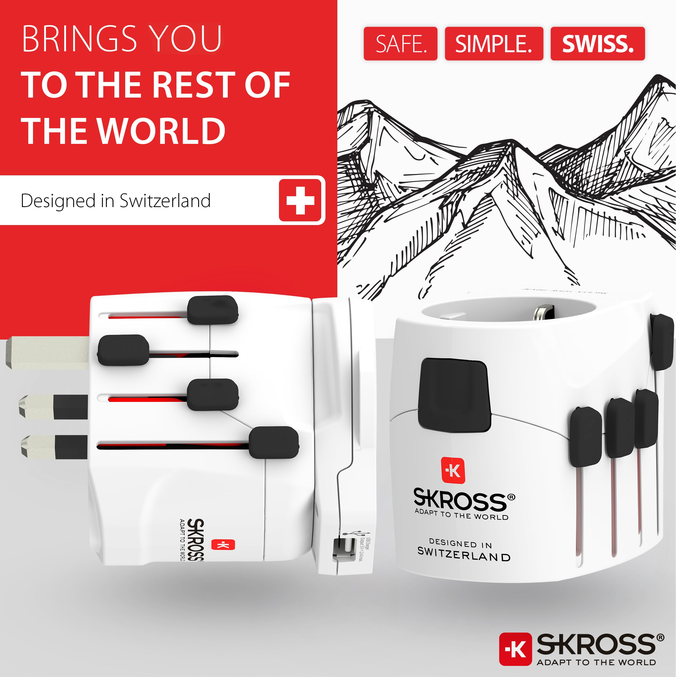 SKROSS 1.302539 | PRO – World & USB | 2 w 1 - Uniwersalny adapter podróżny do i z całego świata - Napięcie i moc: 100 V – 700 W / 250 V – 1750 W - Gniazdo USB 2,4 A - Ochrona przed wstrząsami, Biały
