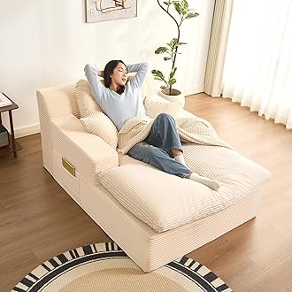 63" Oversized Boneless Chaise Lounge Chair, Extra Cloud Layer, Convertible Sleeper Sofa Couch with Removable Pillows & Side Pockets, Corduroy Upholstered Sofa Bed with Armrests for Living Room, Beige