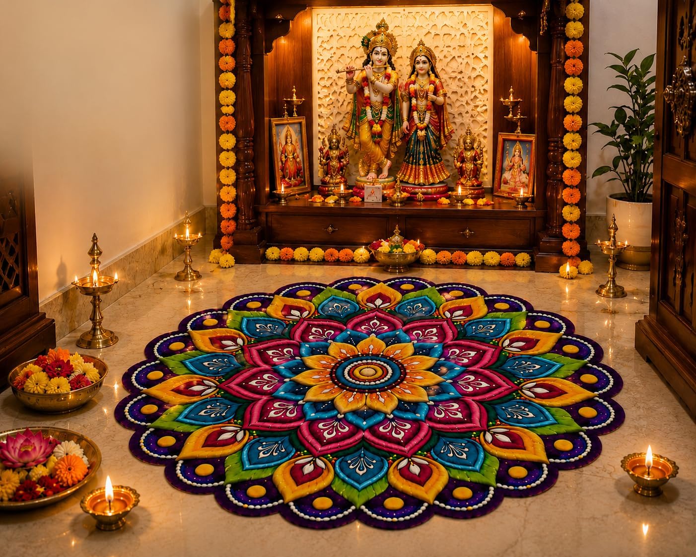 3D Rangoli | Mandala Art | Floral Door Mat | Water Absorbent, Anti-Skid, Machine Washable Floor Mat | Soft Microfiber Carpet for Home, Living Room & Bedroom | Premium Mat (Mandala Art, Round)-picture-31