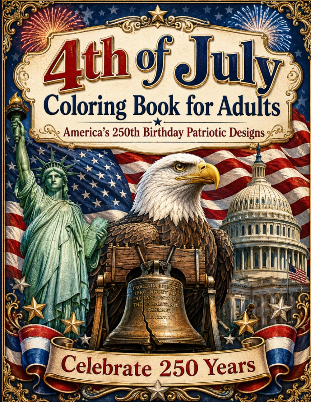 4th of July Coloring Book for Adults: A Patriotic Adult Coloring Book Celebrating America’s 250th Birthday with U.S. Symbols, Bald Eagles, Flags, Fireworks, Landmarks, and Independence Day Designs