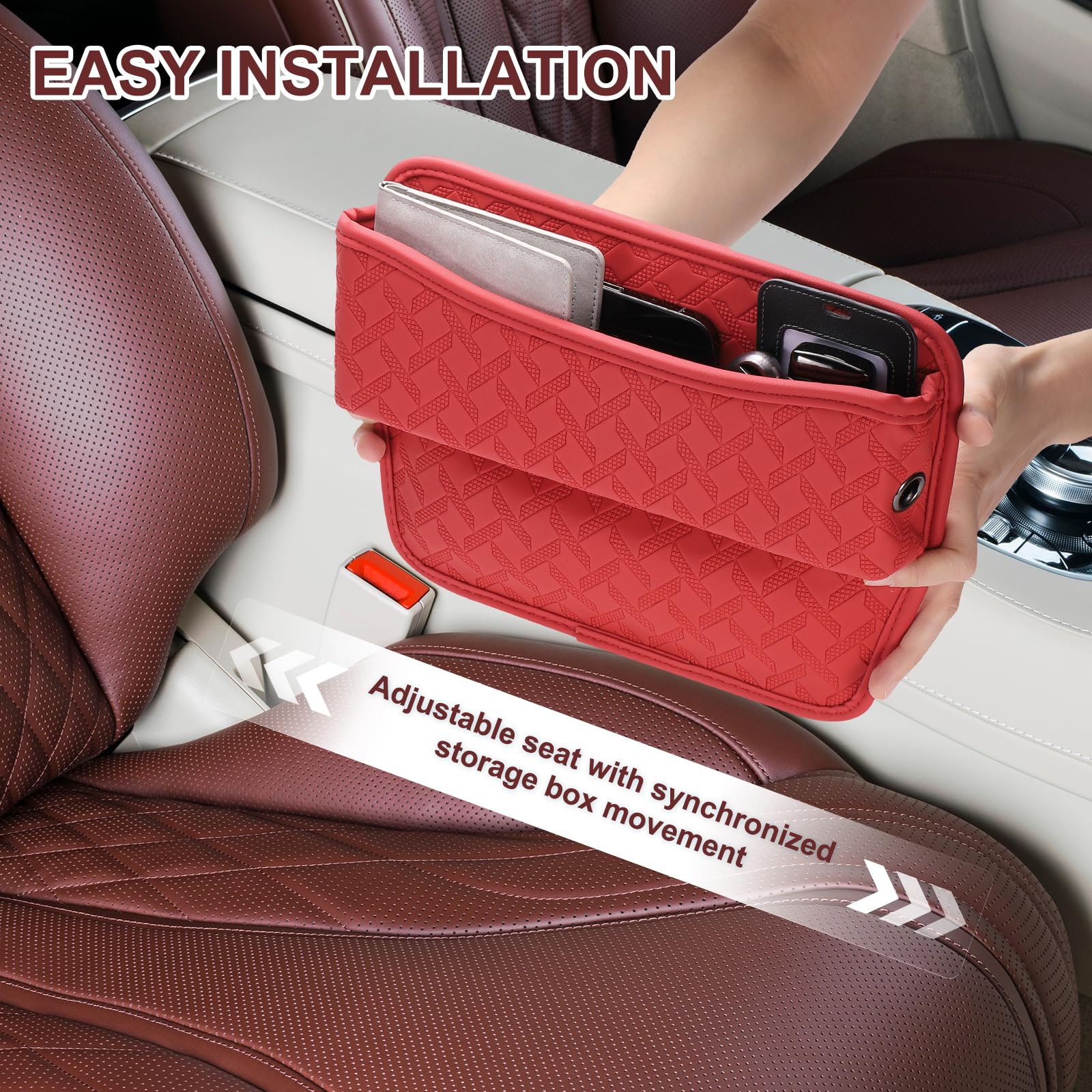 QUARKZMAN 2 Stück Autositz Lückenfüller Organizer 29.2 x 20.4 x 5.4 cm Leder Universeller Auto Organizer Aufbewahrungsbox Zwischen Sitz Und Konsole Für Handy Sonnenbrille Schlüssel Rot