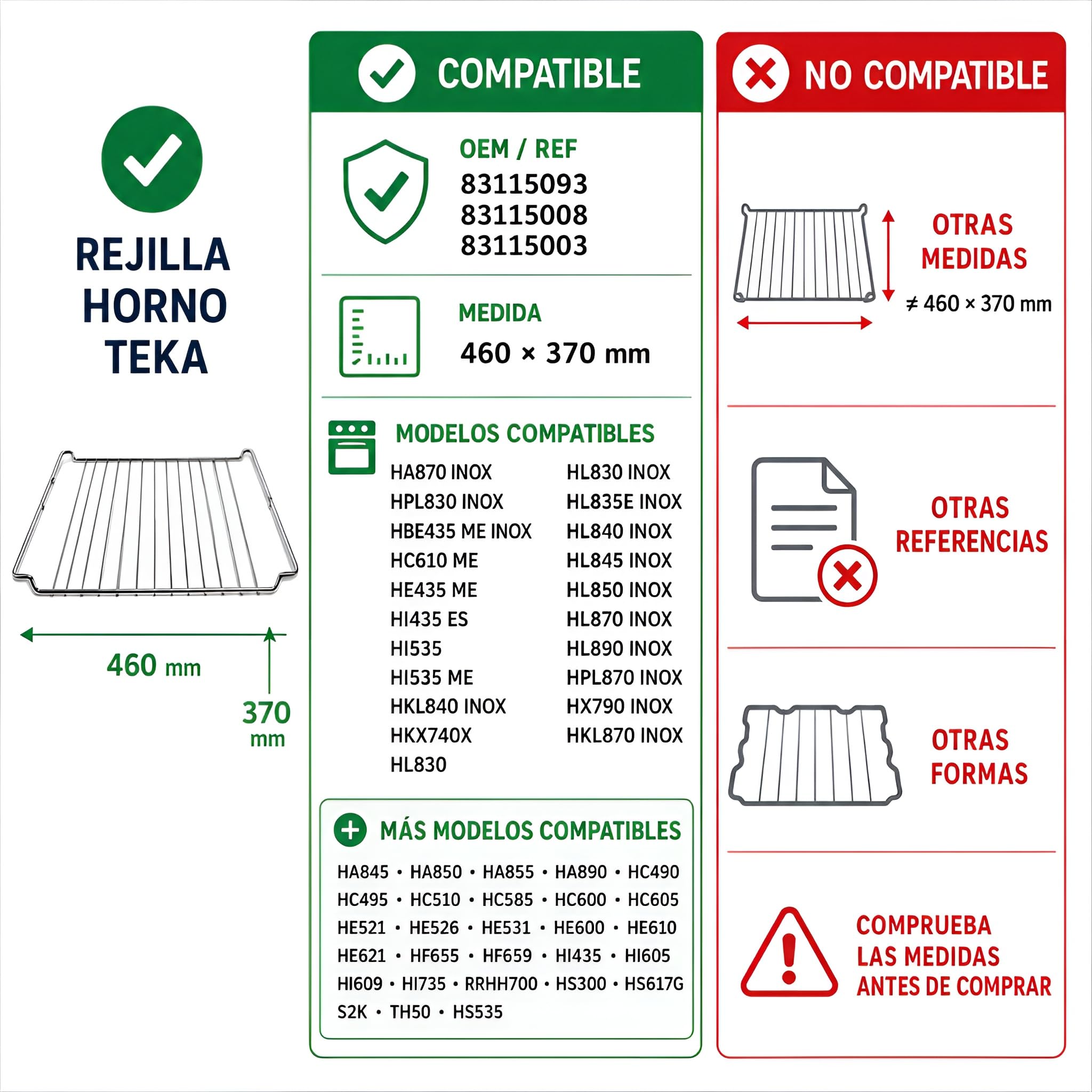 MIRTUX 2 x Rejillas - Parrillas Compatibles con horno Teka Medida 46 cm (Largo) x 37 cm (Ancho). Modelo original: 83115093-83115008 - 83115003