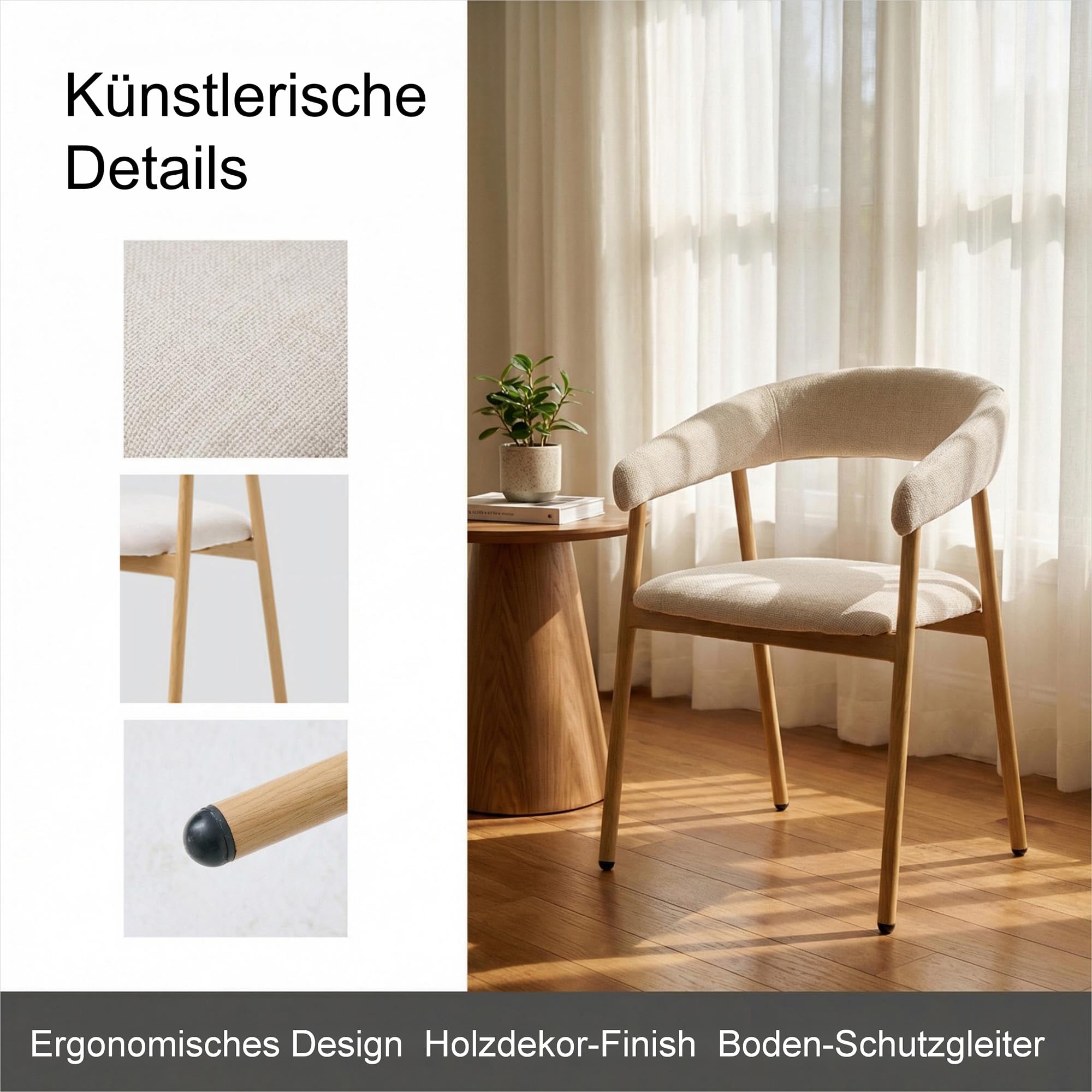 Modern Dining Chairs Set of 4 Ergonomic Chenille Upholstered with Armrest and Curved Back Kitchen Chair Metal Legs with Wood Grain Beige (2, Beige-oak color)