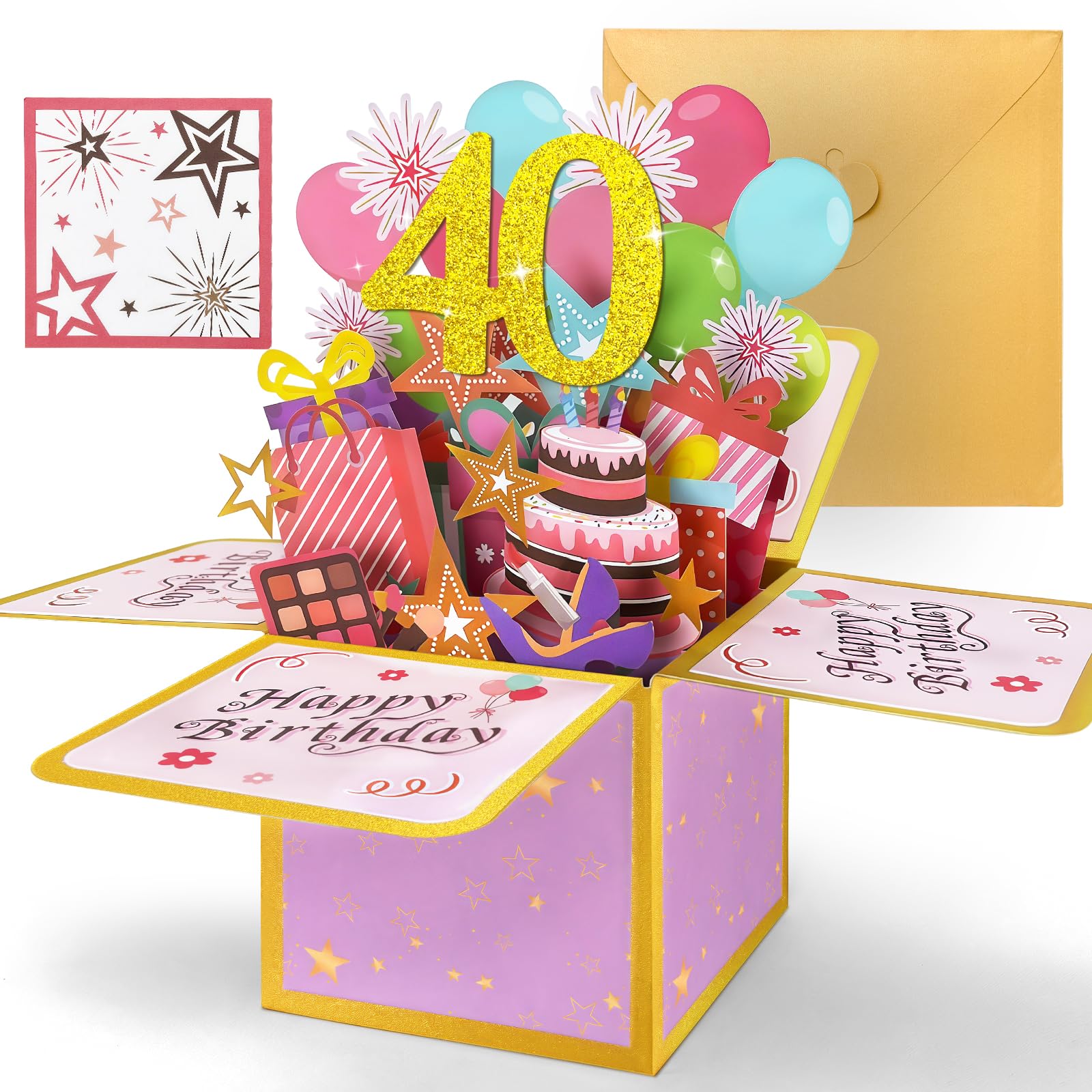 Hierein 40th Birthday Card, 3D Pop Up 40th Birthday Card Women, Special 40th Birthday Gifts for Women, Sweet Pink Popup Gift Box Greeting Cards for Mum Wife Daughter Female Her Gift Decoration