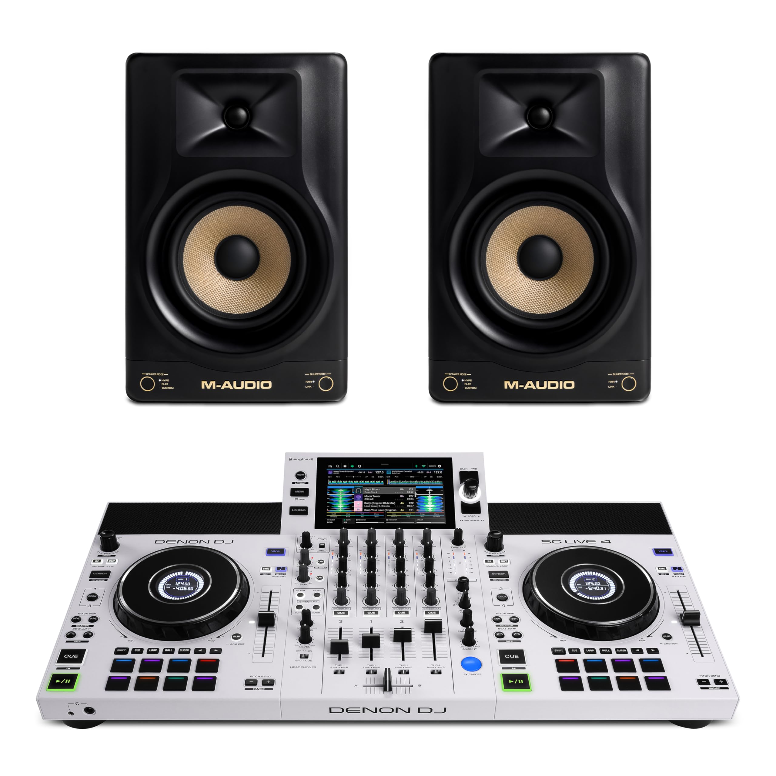Denon DJ SC Live 4 WHITE DJ Controller and M-AUDIO Forty Eighty Pair Studio Monitors for Studio Recording, Music Production, Podcasting, Streaming