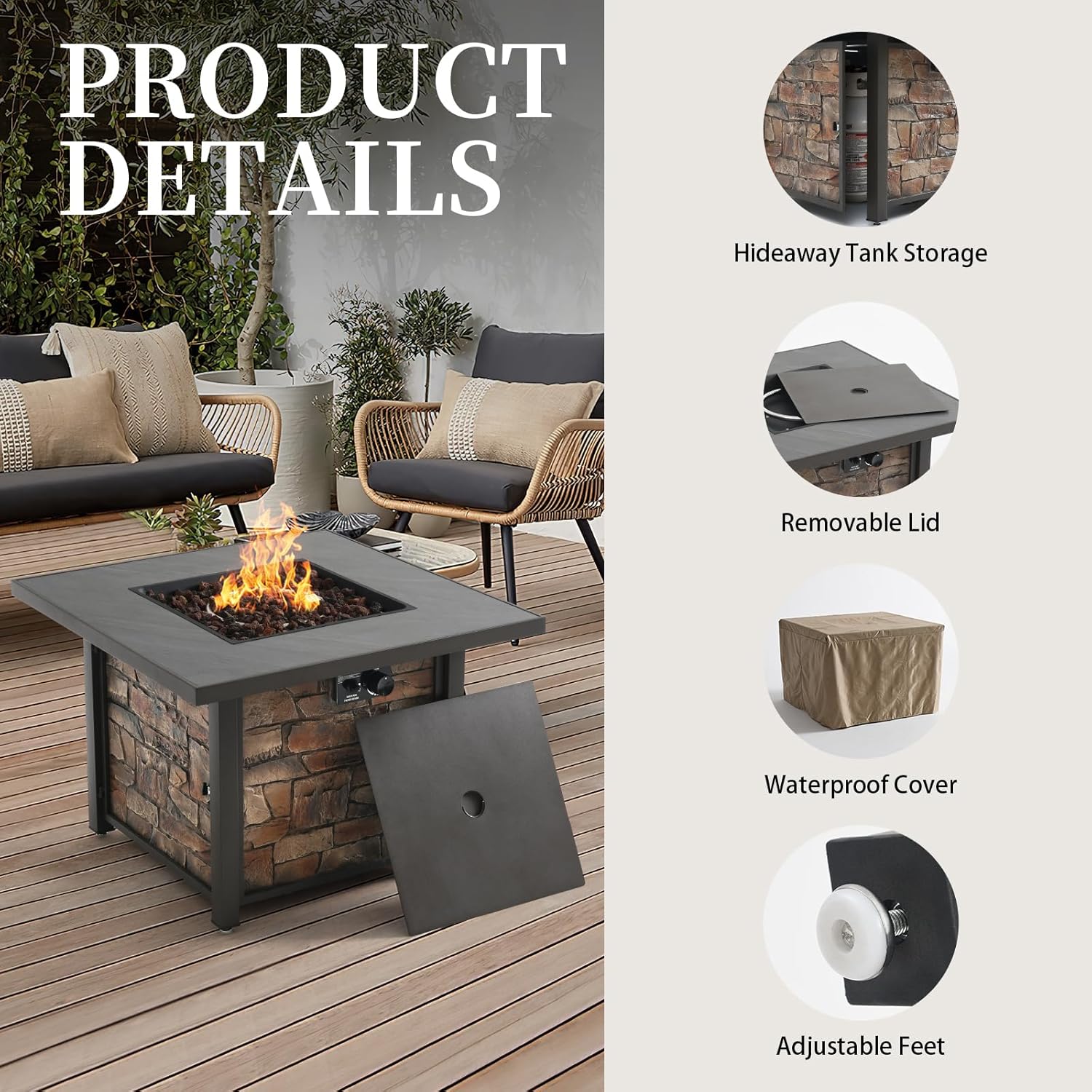 36'' Propane Gas Fire Pit Table, Sintered Stone Tabletop & Polyresin Stone Look Panel, 50000 BTU Gas Fire Pit for Outside Patio and Garden, with Metal Lid & Lava Rocks