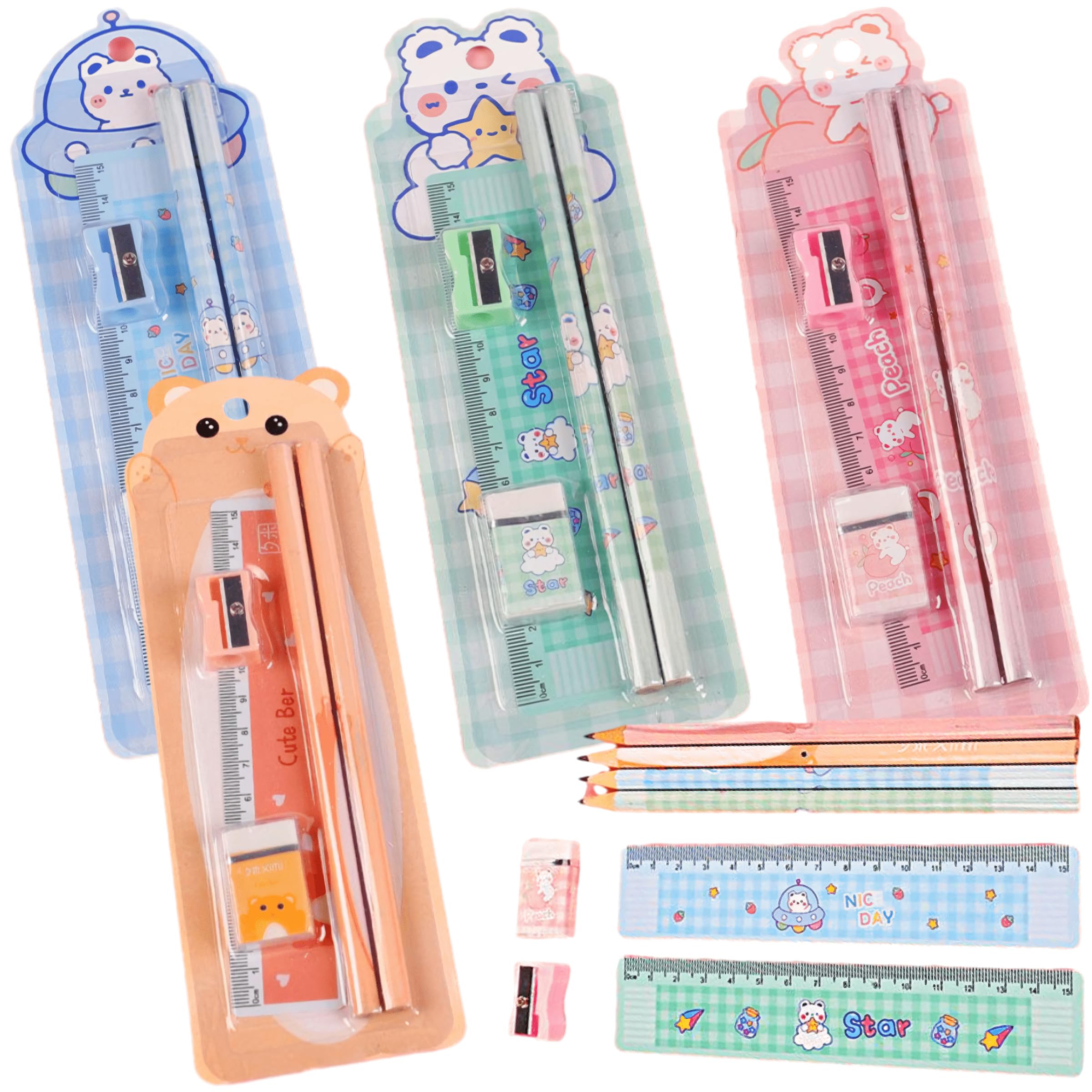 Papelería Combino con 20 Piezas Lápices, Gomas, Sacapuntas, Regla y Kit de Escritura para Niños - Regalo Ideal para Cumpleaños, Fiestas Infantiles-Estuche de Madera con Obsequios para Fiestas de Niños