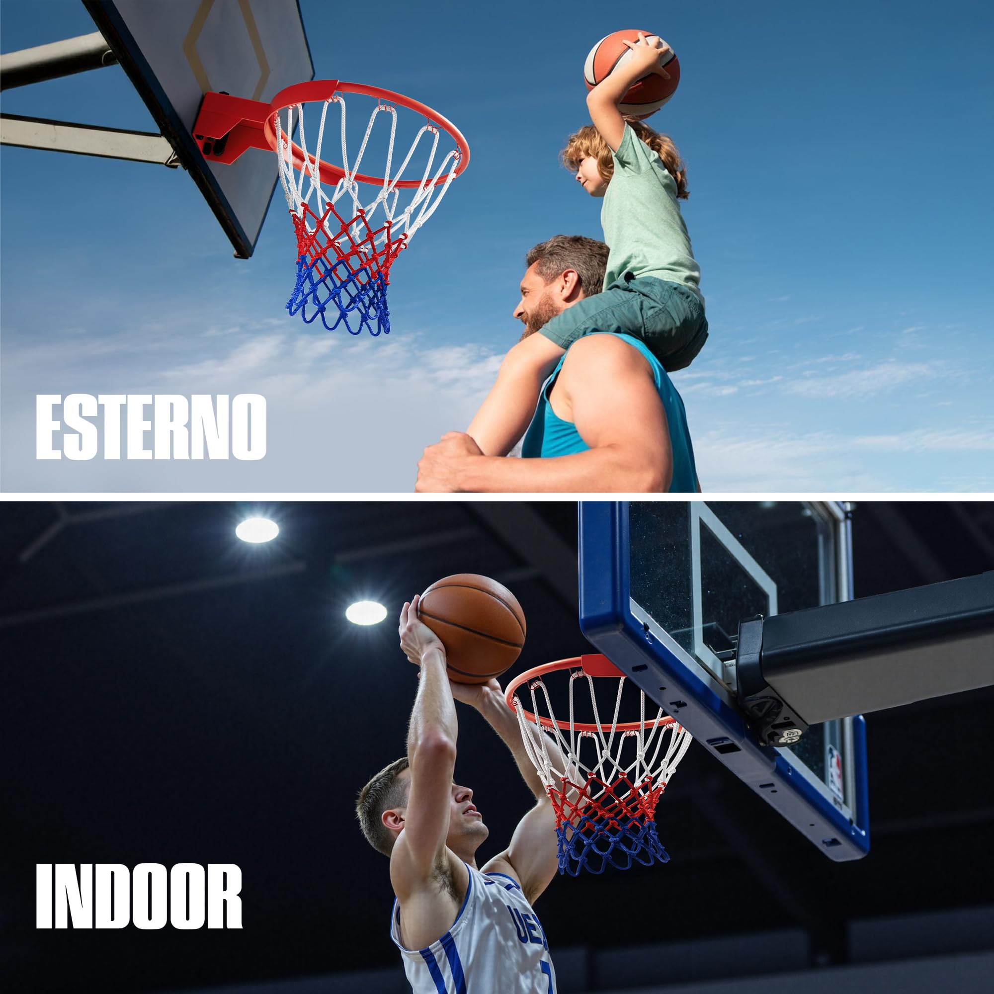 2 pezzi Rete per Basket Professionale 150g, Rete Resistente per Canestro Esterno, Anti Aggrovigliamento, Facile da Installare 12 Ganci, Colori Bianco Rosso Blu