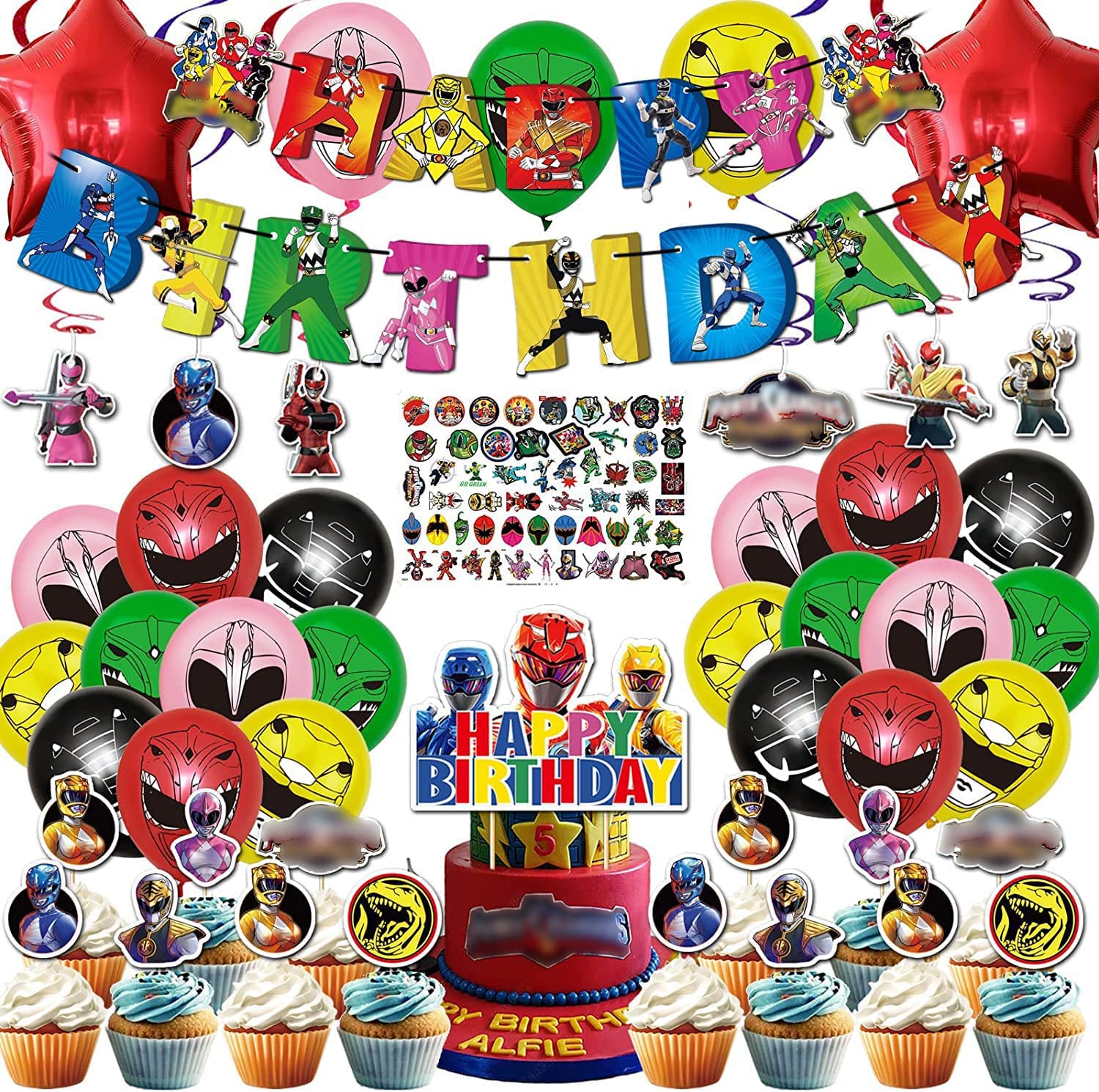 52 pcs Cartoon Party Supplies includes Birthday Banner, Cake Topper, Cupcake Toppers, Balloons, Tablecloth, Backdrop