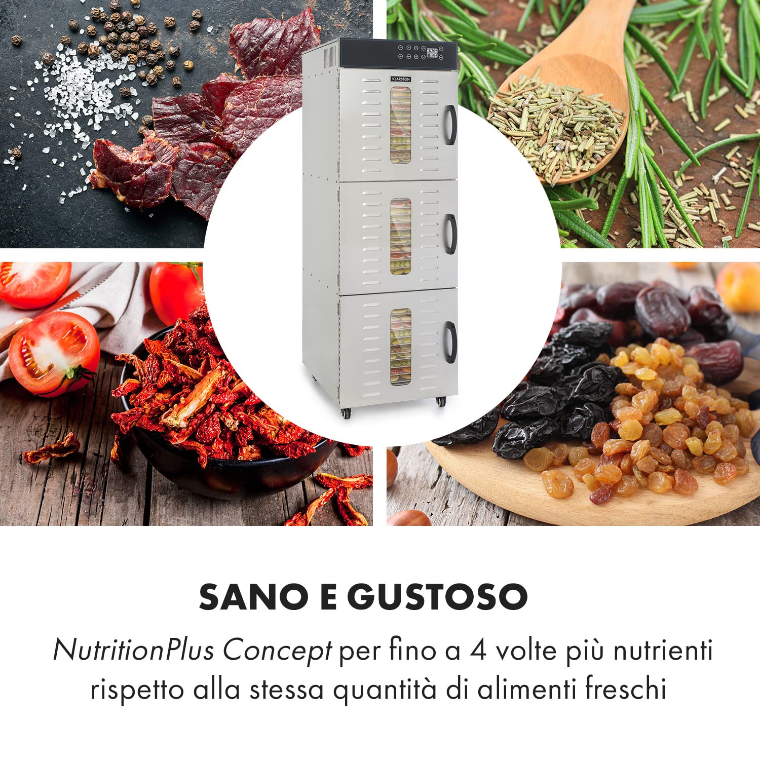 KLARSTEIN Master Jerky 550 Pro - Disidratatore Professionale, 36 Ripiani, 2400 W, Capacità: 5,47 m², Termostato: 40-90 °C, 36-54 kg Frutta/Verdure, Alloggiamento in Acciaio Inox, Argento