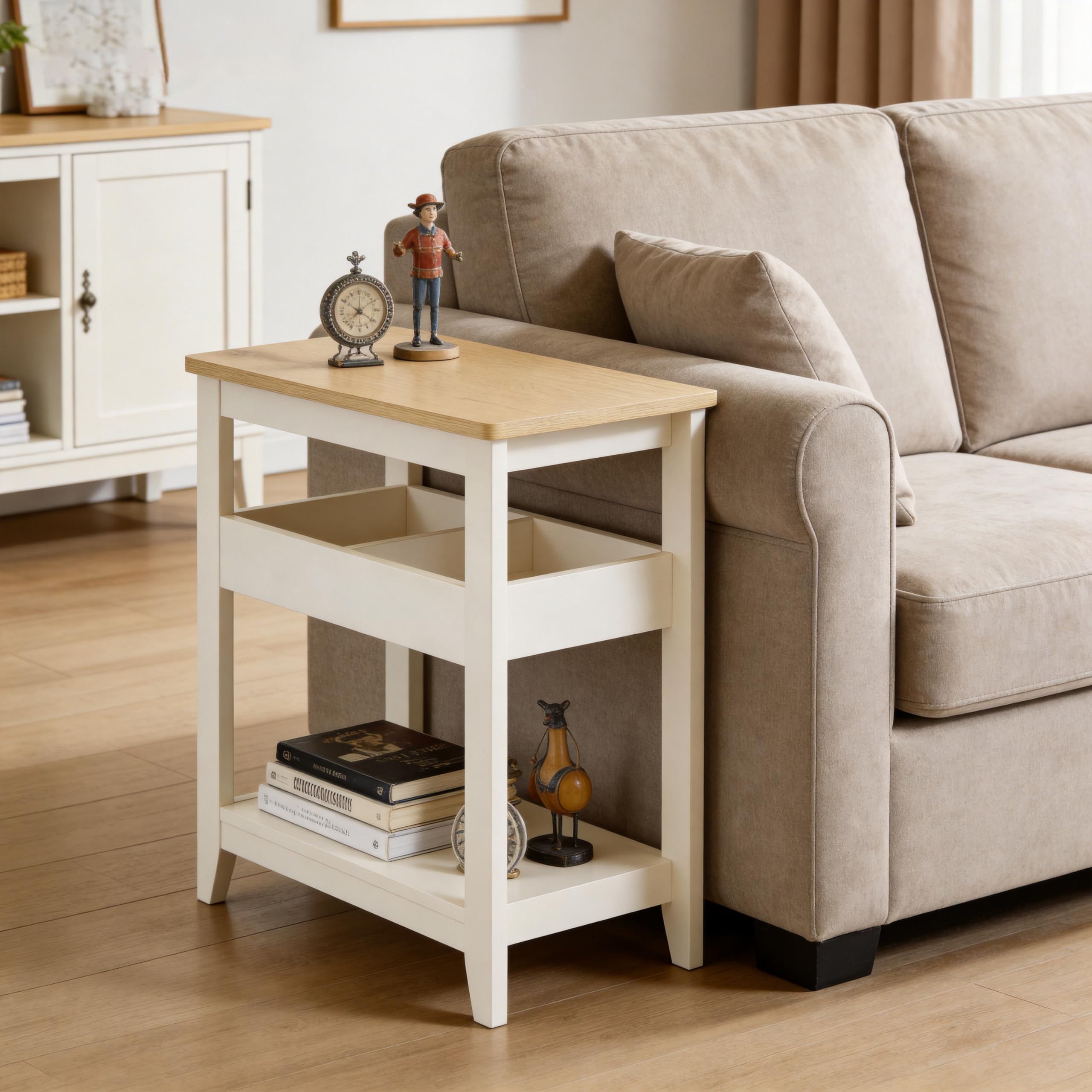 Furnihaus Windsor Sofa Side Table, Slim Side Table for Living Room, Narrow End Table with Storage Shelves, Small Bedside Table for Bedroom, Sofa Shelf, Engineered Wood, 60x25x60cm, Ivory & Oak Effect