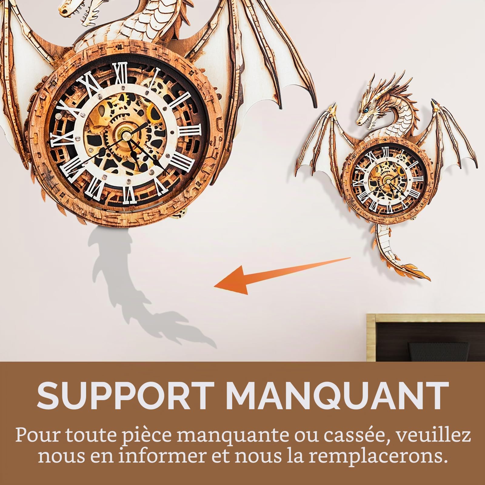Puzzle 3D pour adultes-montre dragon avec horloge fonctionnelle, puzzle en bois 3D (33 x 37,3 cm), puzzle 3D animaux de bureau/décoration murale pour la maison/cadeaux pour amis/nuit de