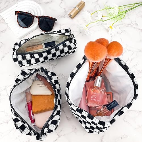 Miniatura 2 de ZLFSRQ Bolsa de maquillaje a cuadros para mujer, juego de bolsa de cosméticos de gran capacidad, bolsa de maquillaje de viaje para bolso,