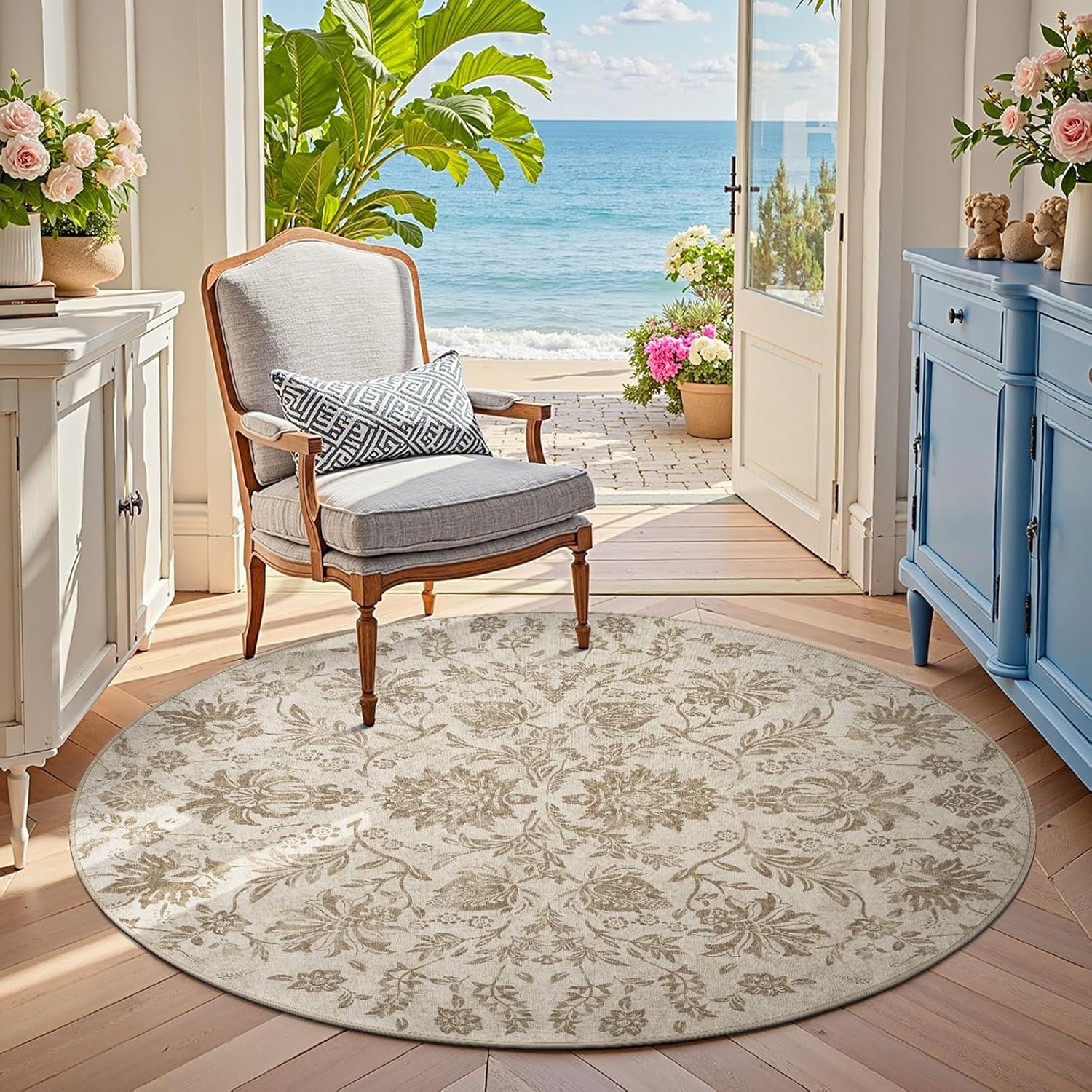 jinchan Classic Floral Round Rug 5ft, Vintage-Inspired Neutral Design 5’Circle Rug, Machine Washable Ultra-Thin Low-Pile Non-Slip Indoor Carpet for Bedroom Dining Room Living Room Entryway Taupe 5' (Round) Timeless Taupe