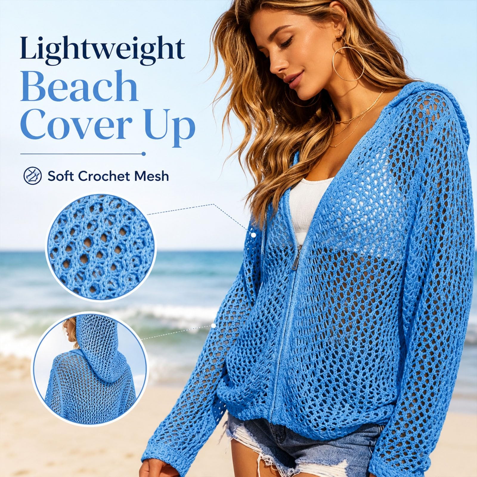 Cardigan Uncinetto Donna Con Cappuccio E Zip, Copricostume Mare Leggero | Resistente e di facile manutenzione | Stile da spiaggia multistrato | Modello a maniche lunghe