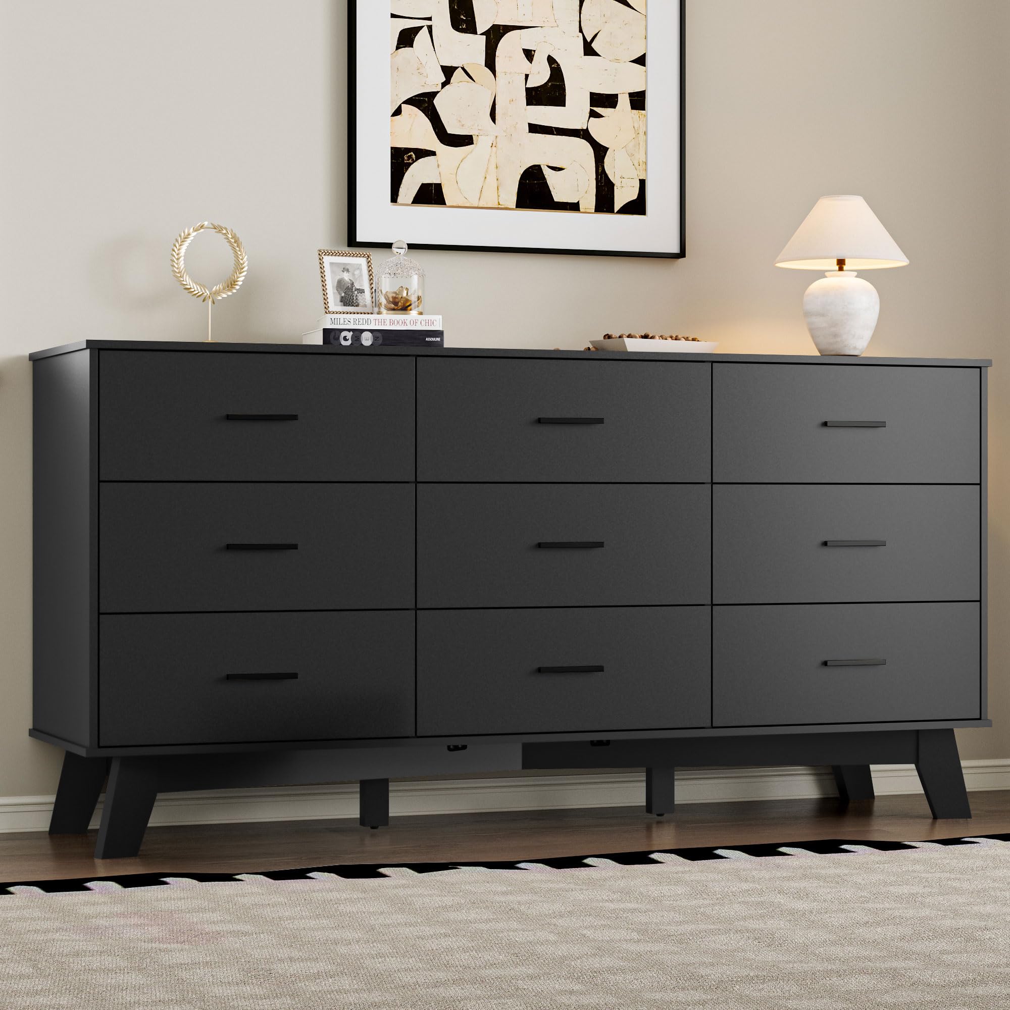 BORNOON Dresser for Bedroom with 9-Drawer, 59" Wide Modern Chest of Drawers with Metal Handles, X-Shape Base & Adjustable Center Leg, Anti-Tip Closet