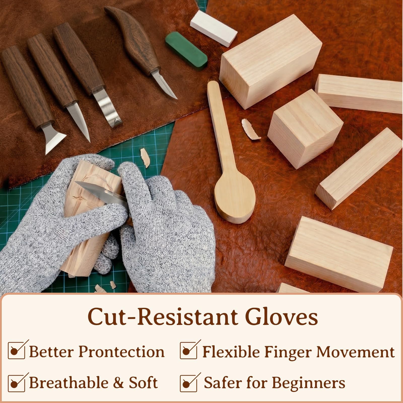 Kit de Tallado en Madera de 26 Piezas, PUYUKO Herramientas para Tallar Madera con 5 Cuchillos, 8 Bloques de Tilo para Tallar, Cuero de Afilar, Bolsa Enrollable y Guantes (26 Piezas)