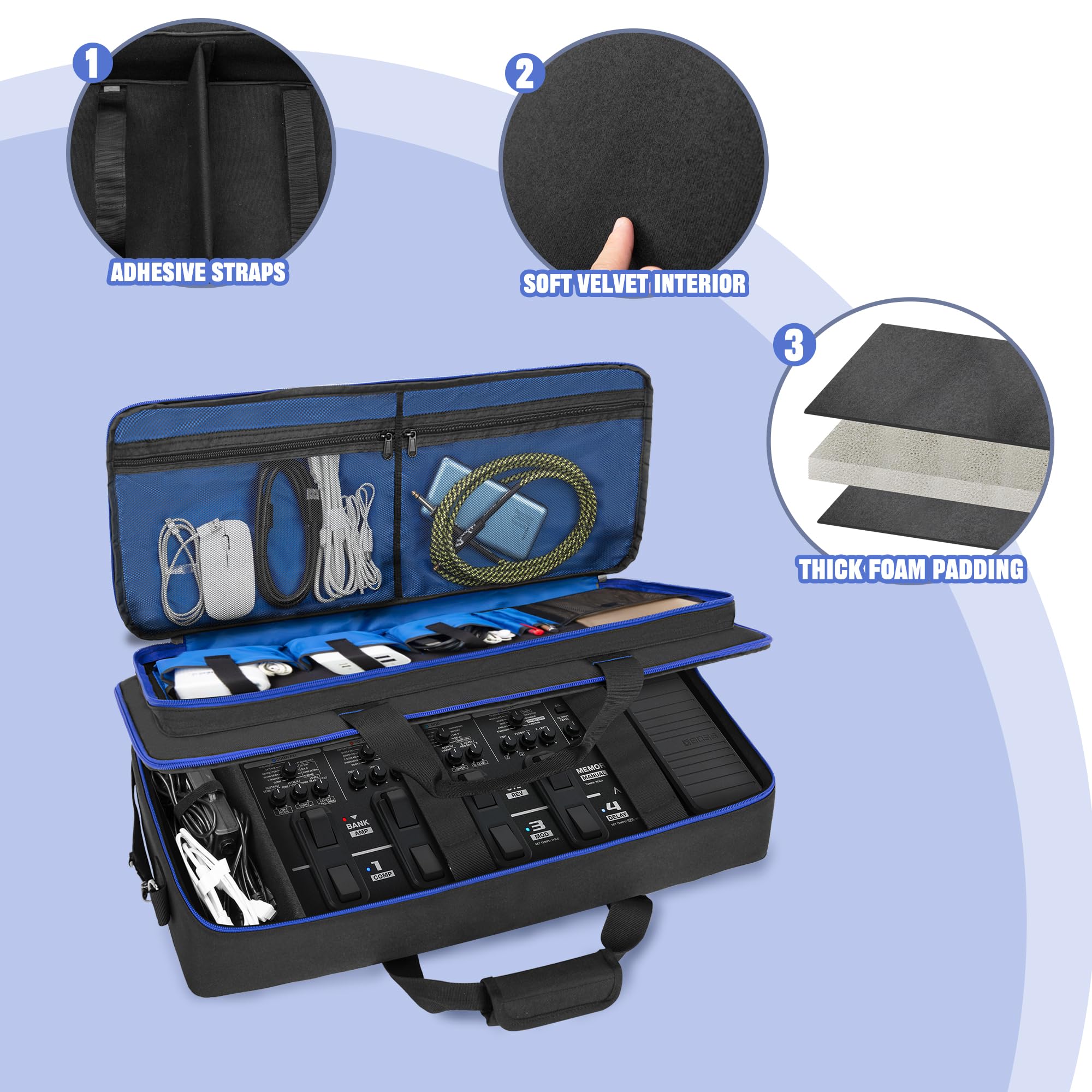 Rexmica Borsa da Trasporto per la Maggior Parte dei Pedali Multieffetto per Chitarra, Custodie da Viaggio con Scomparto per Pedaliere Chitarra, Cavo o Altri Accessori, Nero, 58x29x11 cm