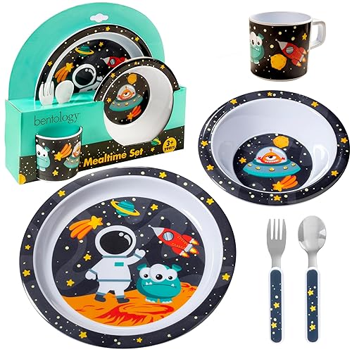 Miniatura 6 de Juego de 5 piezas de alimentación para niños y niños pequeños, incluye plato, cuenco, tazón, tenedor y cuchara, cubiertos, duradero, apto para