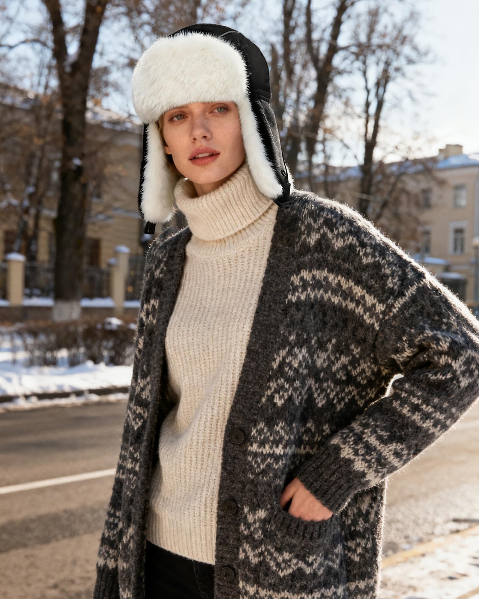 czapka zimowa, Czapki zimowe męskie traper trooper eskimo czapka pilota awiatora nauszniki ciepłe(CDUKPL2404Black)