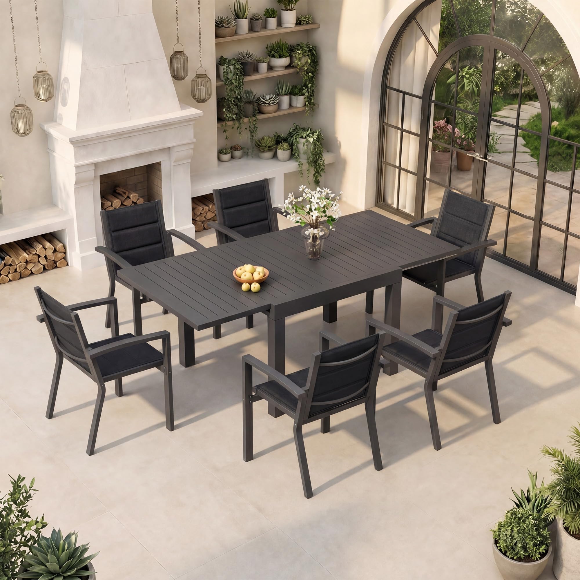 TRIUMPHKEY Gartenmöbel Set 6 Personen, Balkonmöbel mit Aluminium, 6 Stapelstühle und 1 80/160 cm Gartentisch Ausziehbar, Terassenmöbel Außen, Dunkelgrau