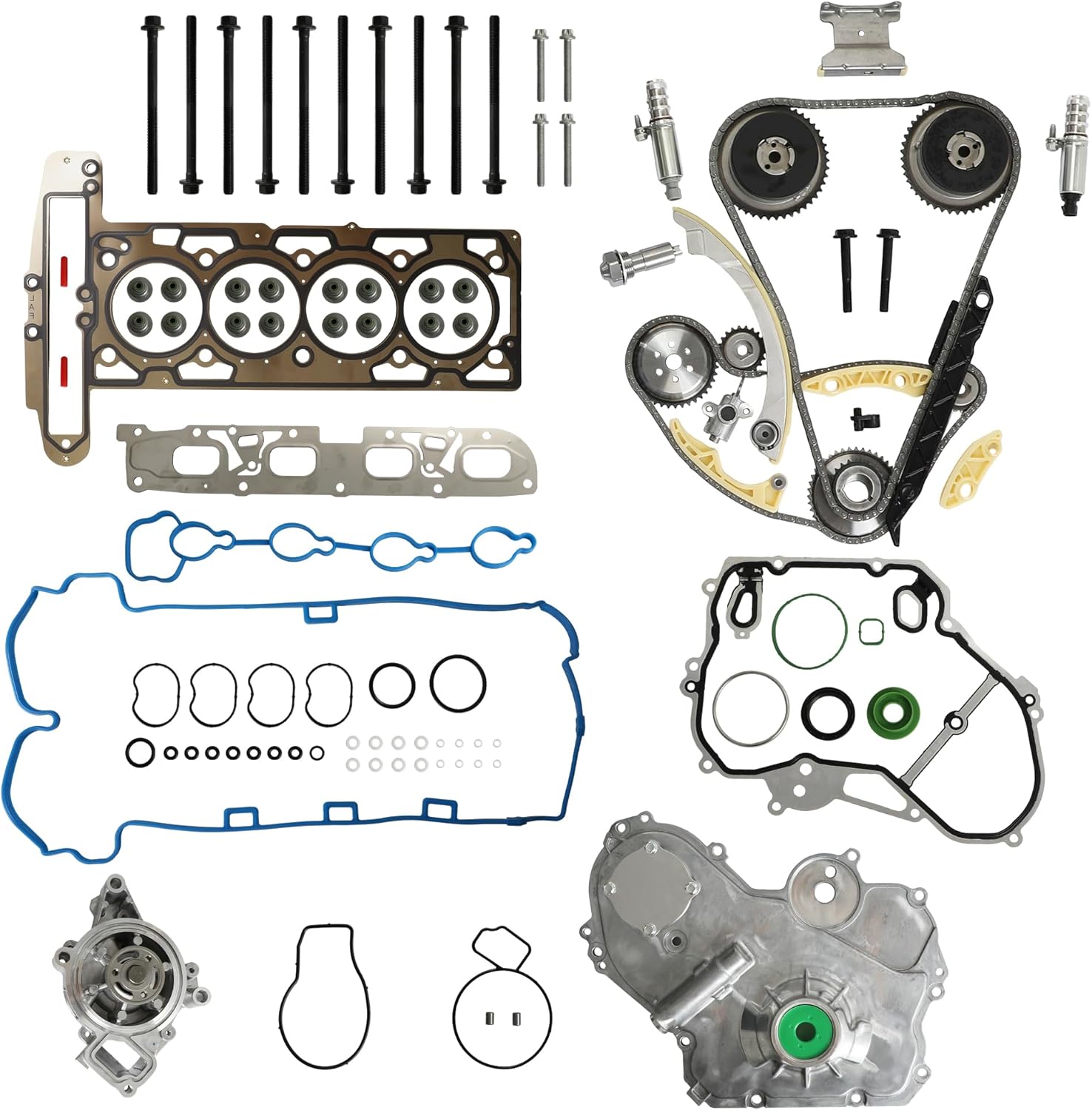 2.4 Engine Timing Chain Kit W/Head Gasket Set Water Pump VVT Sprcket/Solenoid Fit For Chevy Captiva Equinox Malibu Hhr Buick Lacrosse Regal Verano GMC Terrain 2.4L 2.2L 2011-2017