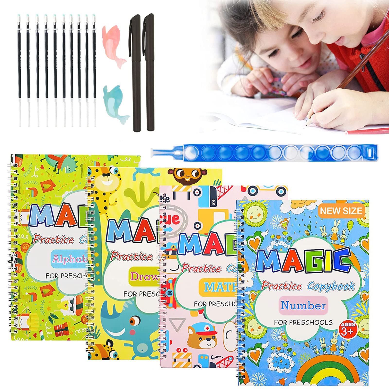 Large Magic Practice Copybook 9.85" × 6.9", 4 Pcs Reusable Handwriting Book Calligraphy Practice Book Set, Tracing Groovebook for Preschoolers Kids Age 3-7