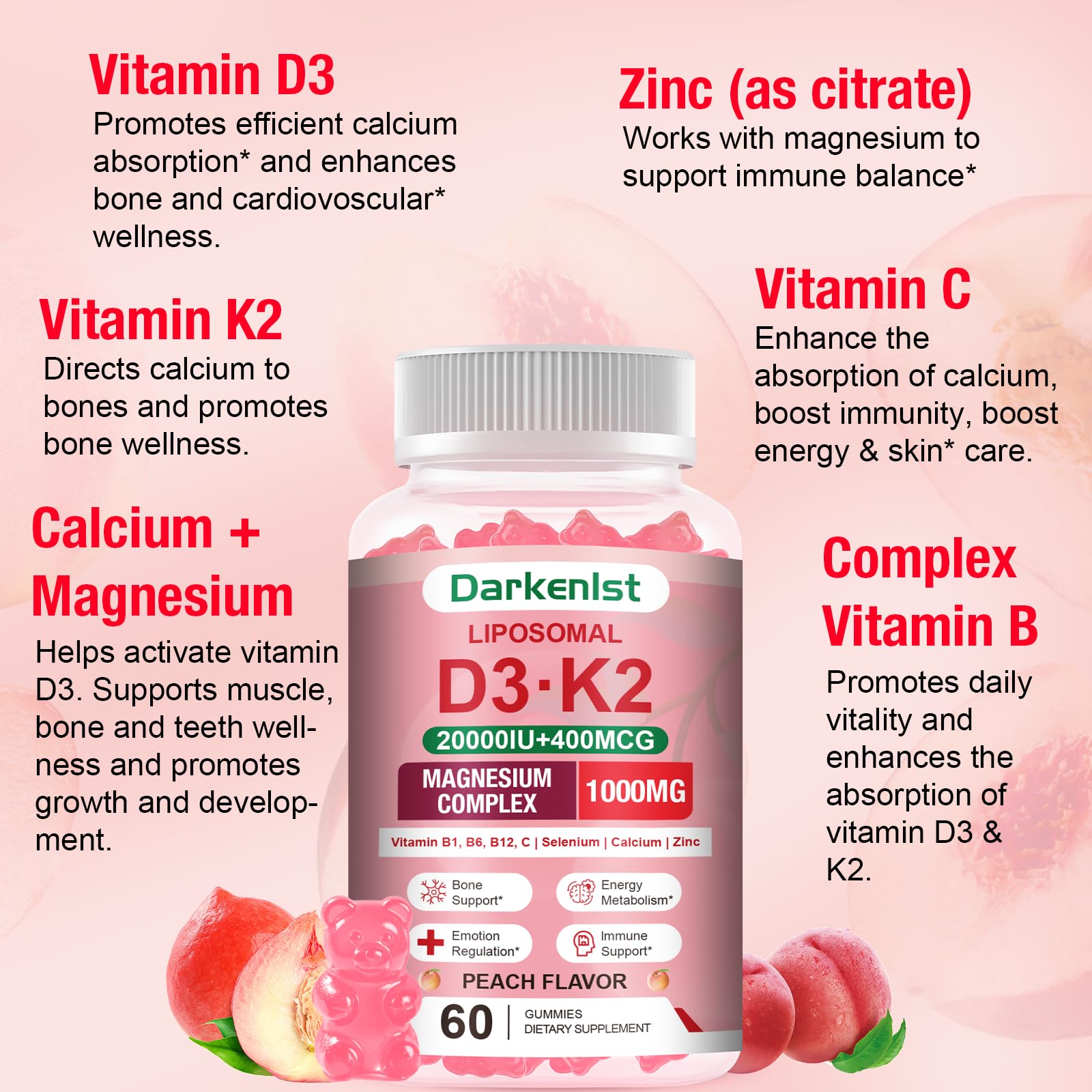 2 Pack Liposomal Vitamin 20,000IU D3 + 400mcg K2 Supplment,Complex Magnesium Glycinate, Malate & Citrate, Calcium, Zinc, Rich In Vitamins B & C, Stress Relief, Relaxation & Bone Support for Adults — Amazon image 3