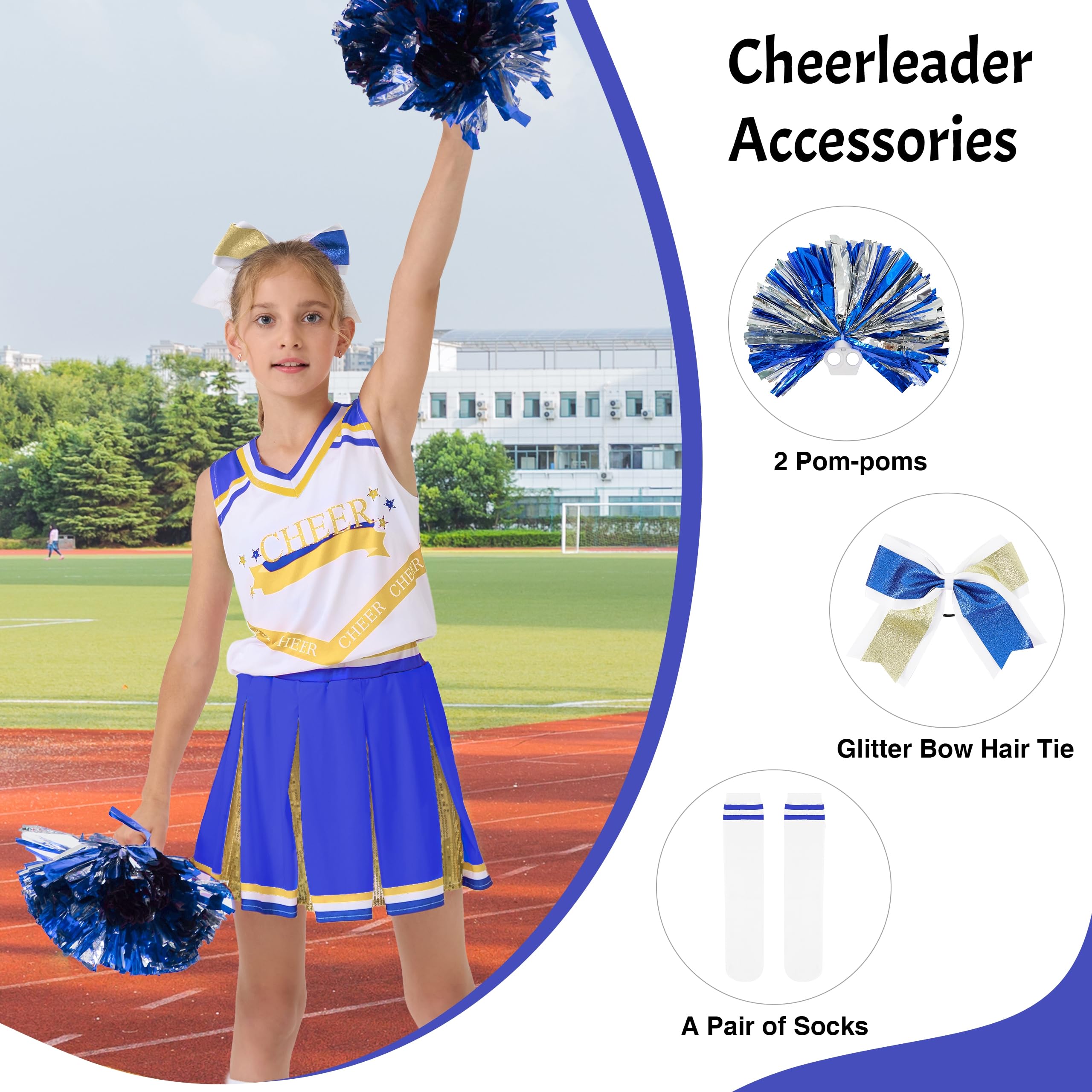 LOLANTA Disfraz de Animadora para Niñas,Traje Animadora con Pompones, Disfraces Cheerleader Halloween para Niñas, 5-13 años