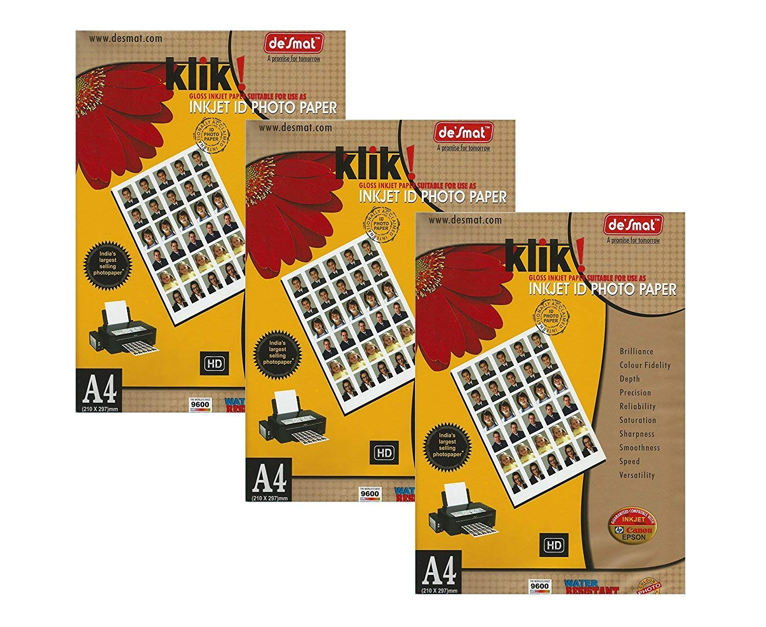 Desmat Klik Glossy Photo Paper for Inkjet Printers A4 Size, 50 Sheets, 180 GSM (9600 DPI) A4 Size, Pack of 3 (3x50=150 Sheets), 9600DPI