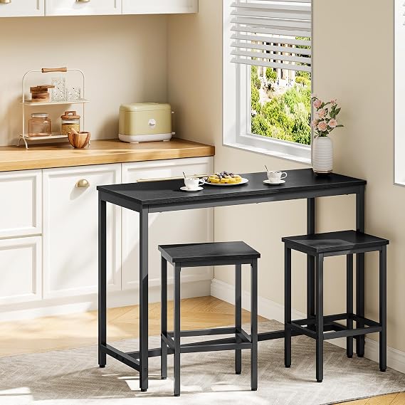 HOOBRO Bar Table and Chairs Set, 47.2 Rectangular Pub Table with 2 Stools for Small Space, 3-Piece Breakfast Stools Set, Sturdy Metal Frame, Easy to Assemble, Black BB52BT01