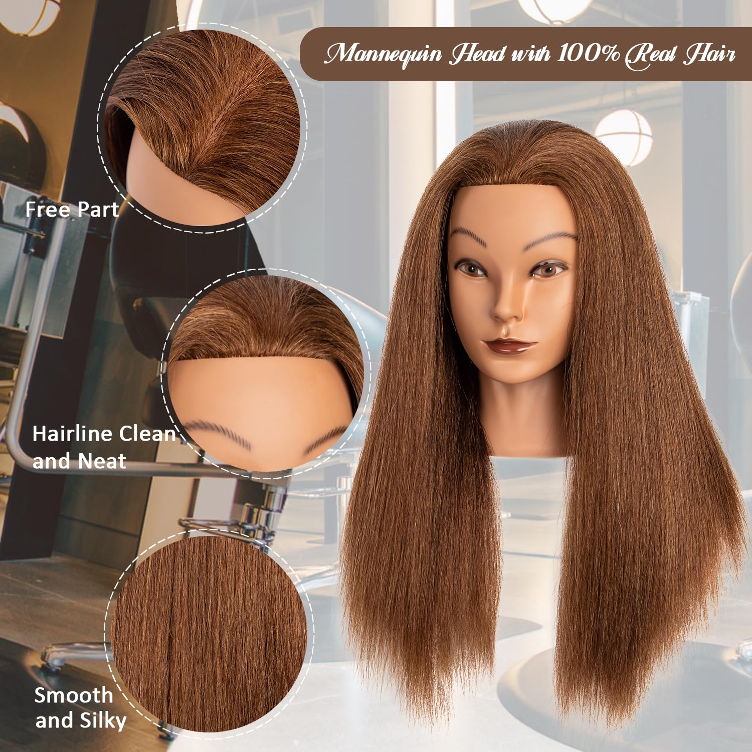 Mannequinkopf mit 100% menschlichem Haar,16" Dunkelbraun Echthaar Kosmetologie Mannequinkopf Haar Styling Friseurpraxis Training Puppenkopf mit Klemmhalter (YB16)