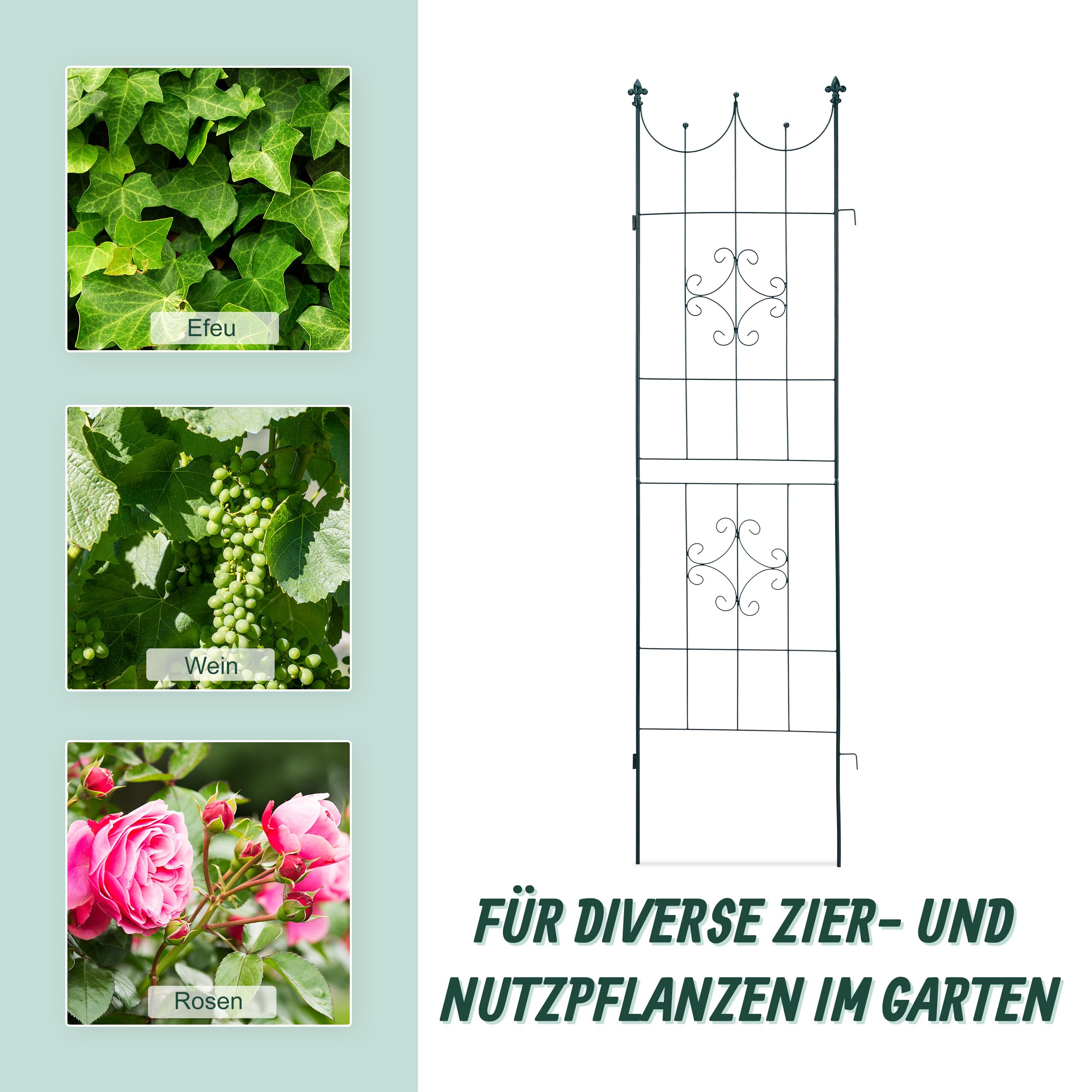 Relaxdays Rankgitter 2er Set, Metall, 180 x 50 cm, Rankhilfe Garten, Vintage, verzierte Spitze, zum Stecken, dunkelgrün, Design C