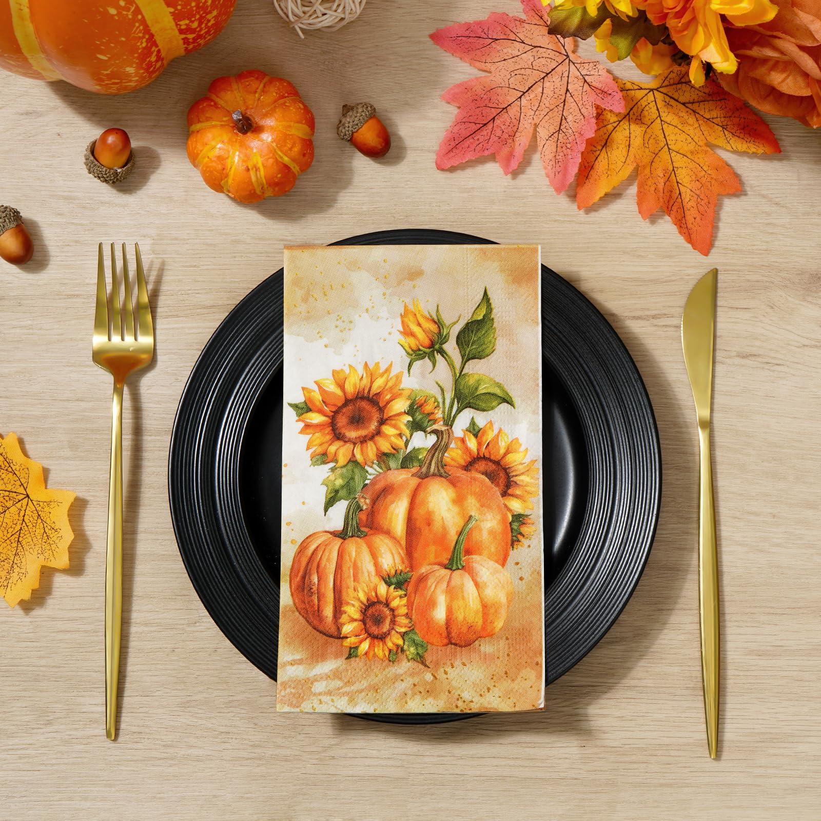 Homlouue 100 servilletas de Acción de Gracias de 3 Capas, servilletas de Papel Desechables de otoño para Cosecha de Acción de Gracias, Fiesta de otoño, Calabaza y Girasol, Toallas de Papel para